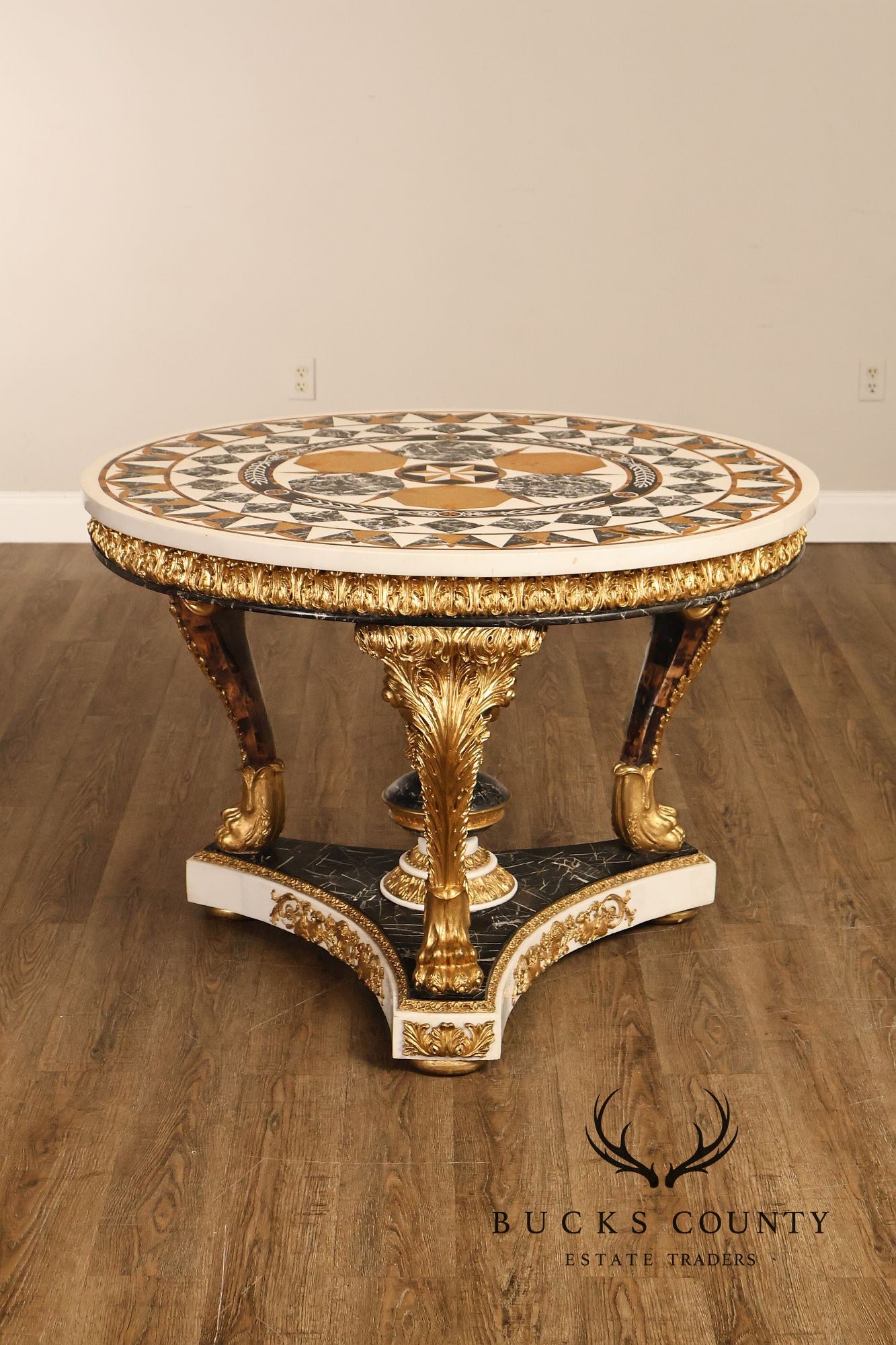Empire Style Round Pietra Dura Center Table With Gilt Carved Base