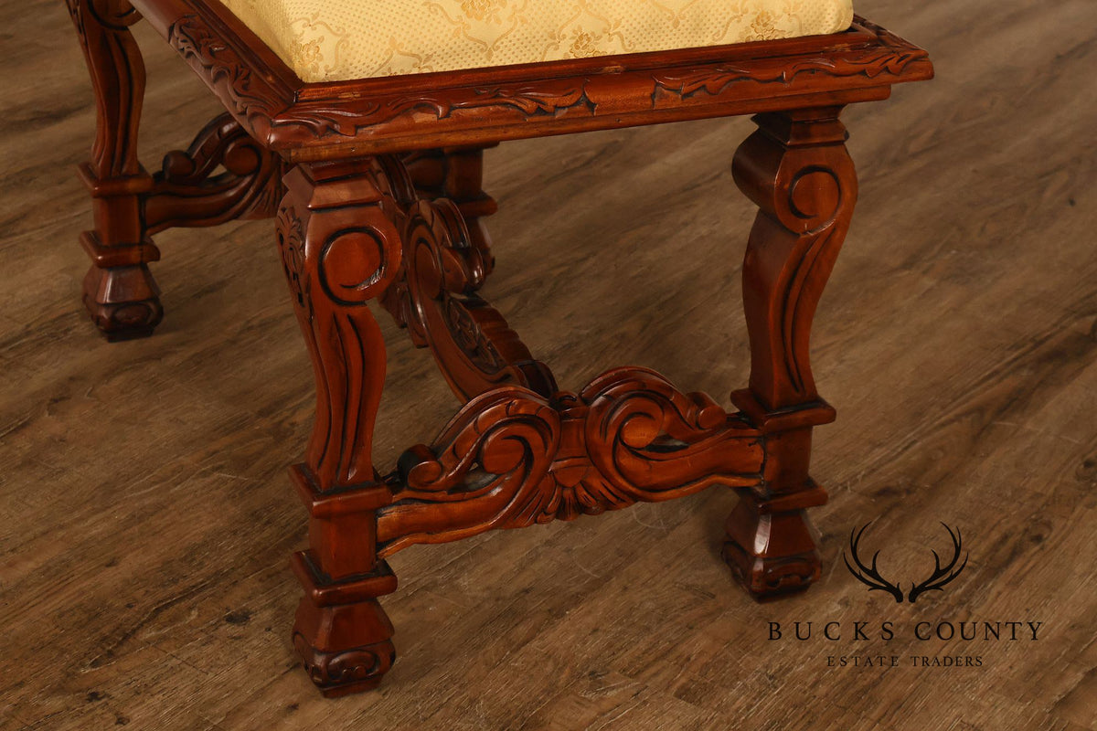 Victorian Style Carved Wood Upholstered Bench