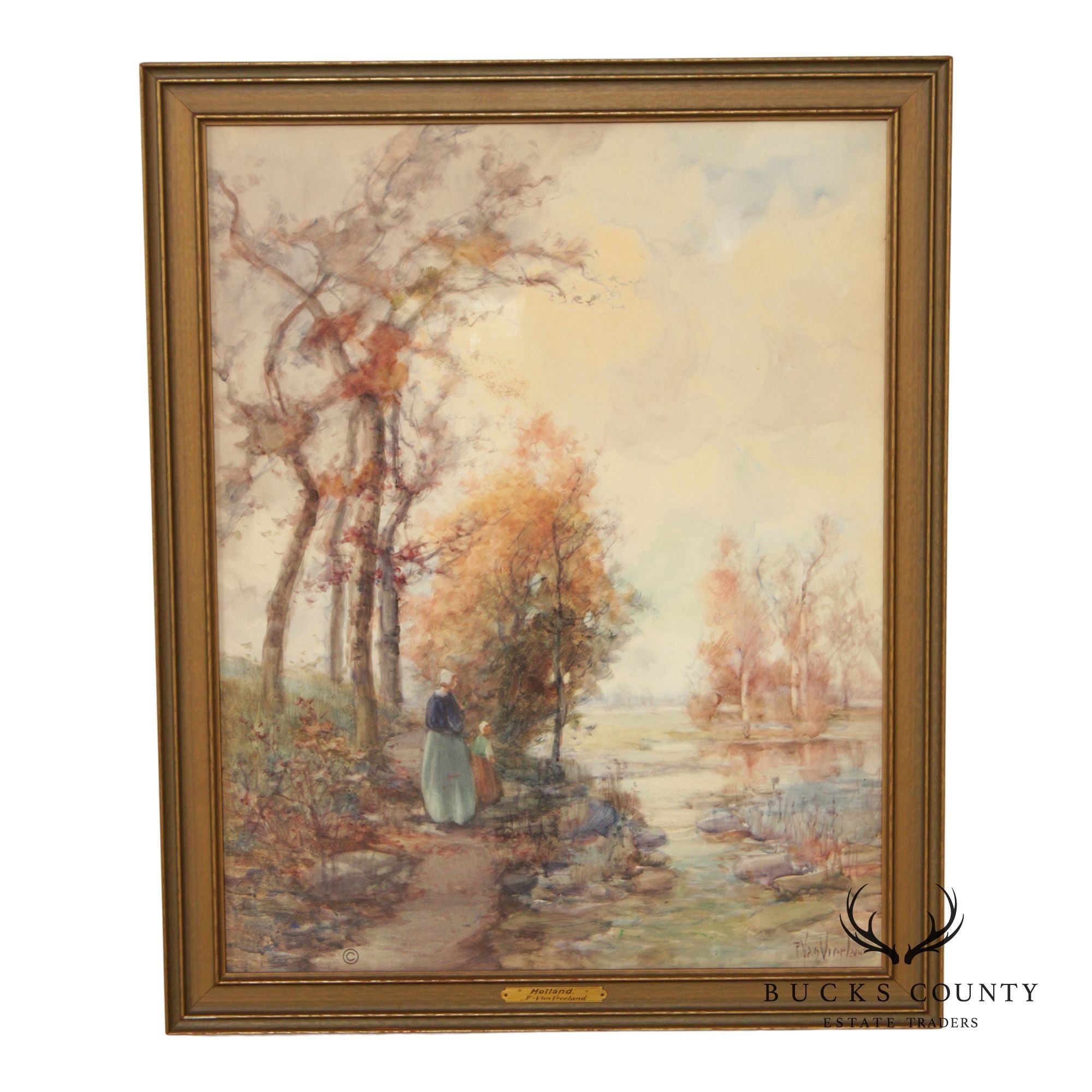 F. Van Vreeland 'Holland' Impressionist Style Framed Watercolor Painting`