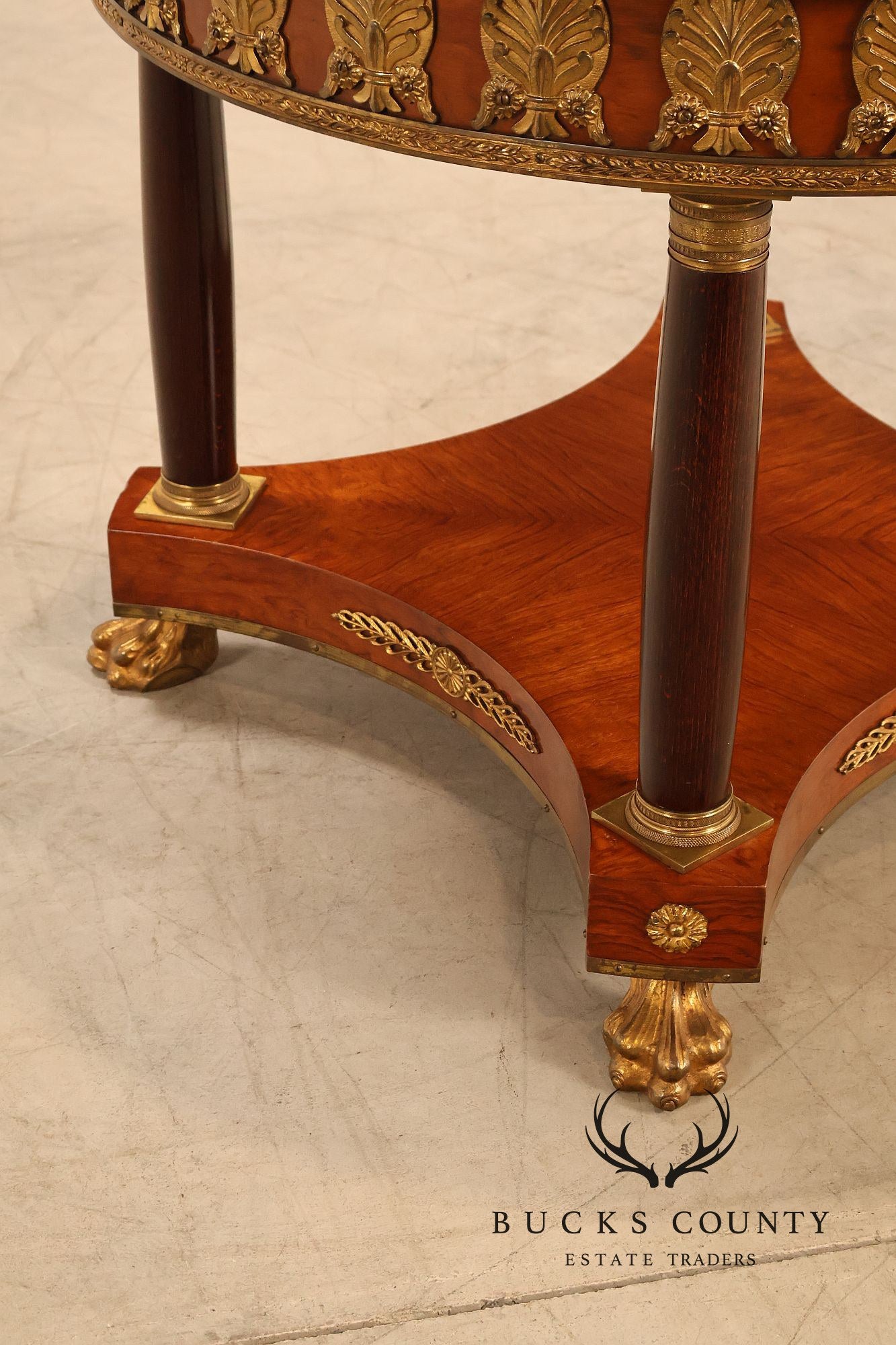 Empire Style Ormolu Mounted Round Marquetry Inlaid Cocktail Table