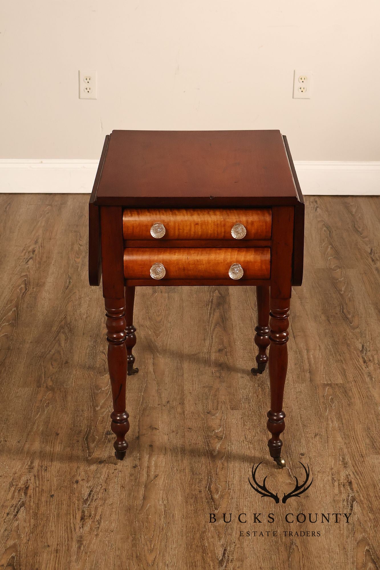 Antique American Sheraton Style Cherry And Tiger Maple Drop Leaf Work Table