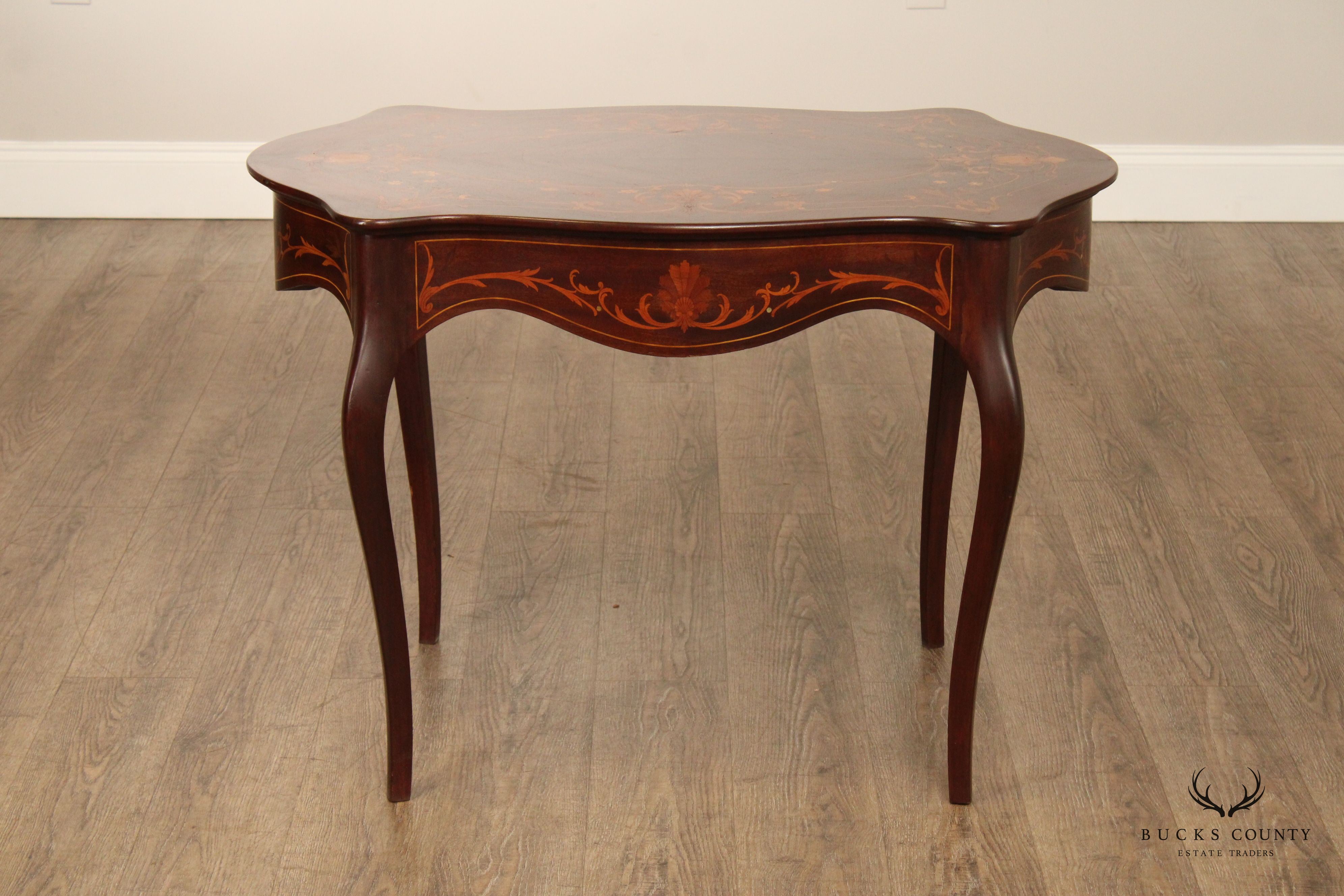 Antique Inlaid Mahogany Center Table With Floral Marquetry And Mother Of Pearl Accents