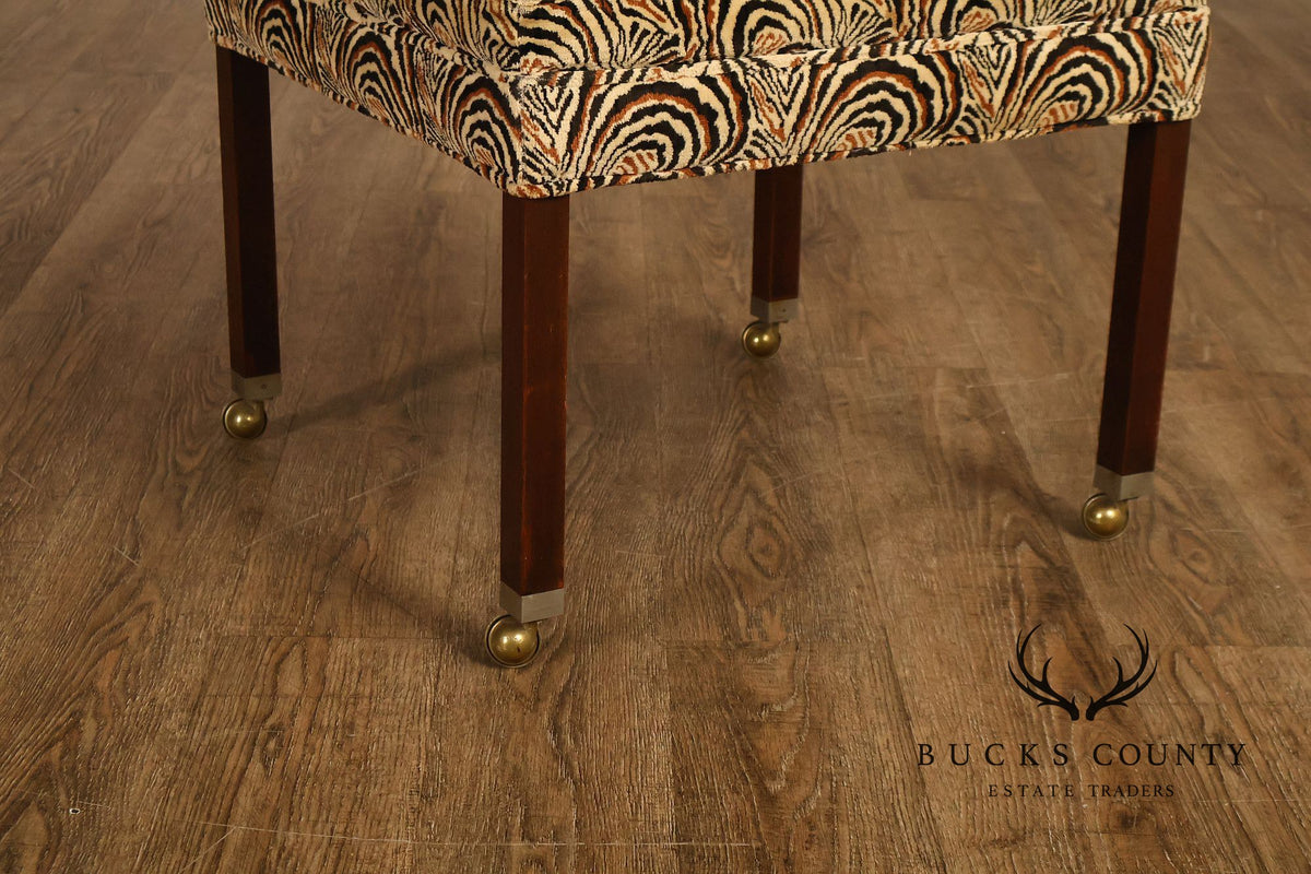 Postmodern Style Pair Of Square Upholstered Stools With Brass Casters