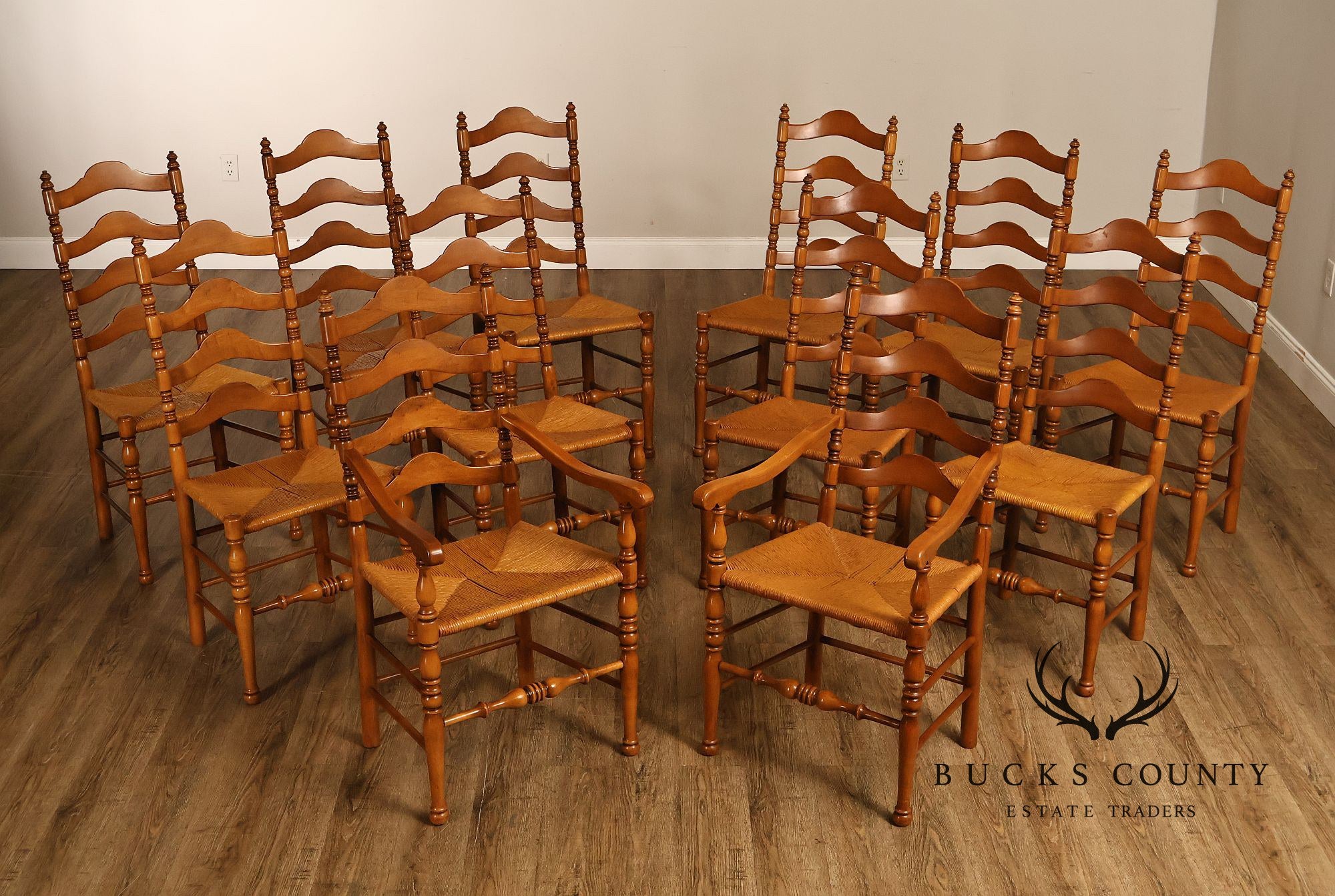 Vintage Set Of 12 Maple Rush Seat Ladderback Dining Chairs