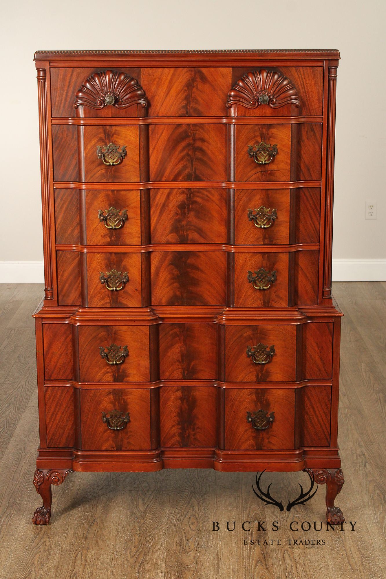 1940's Chippendale Style Shell Carved Flame Mahogany Blockfront Tall Chest