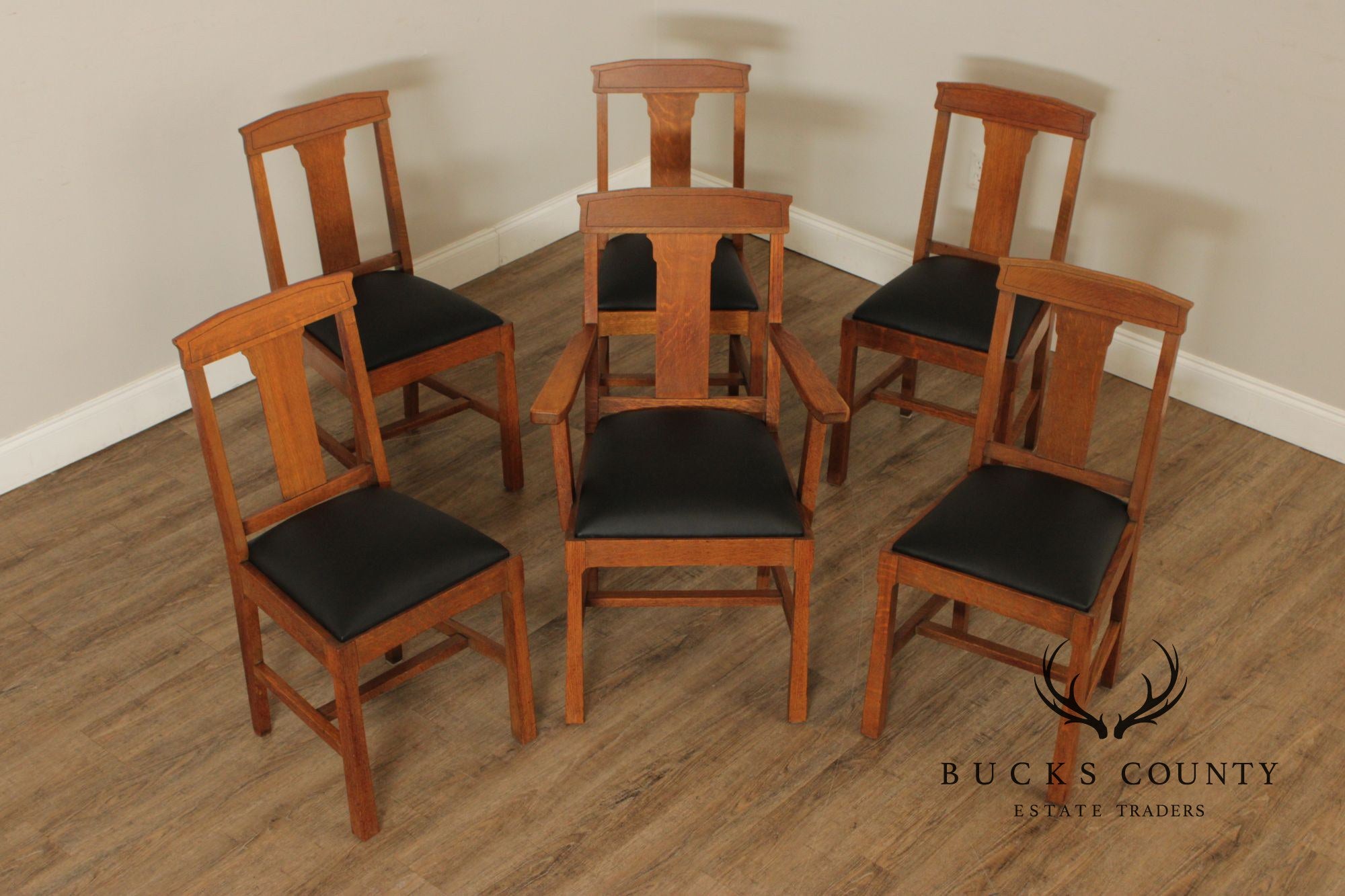 J.K. Rishel Furniture Co. Antique Mission Oak Set Of Six Dining Chairs