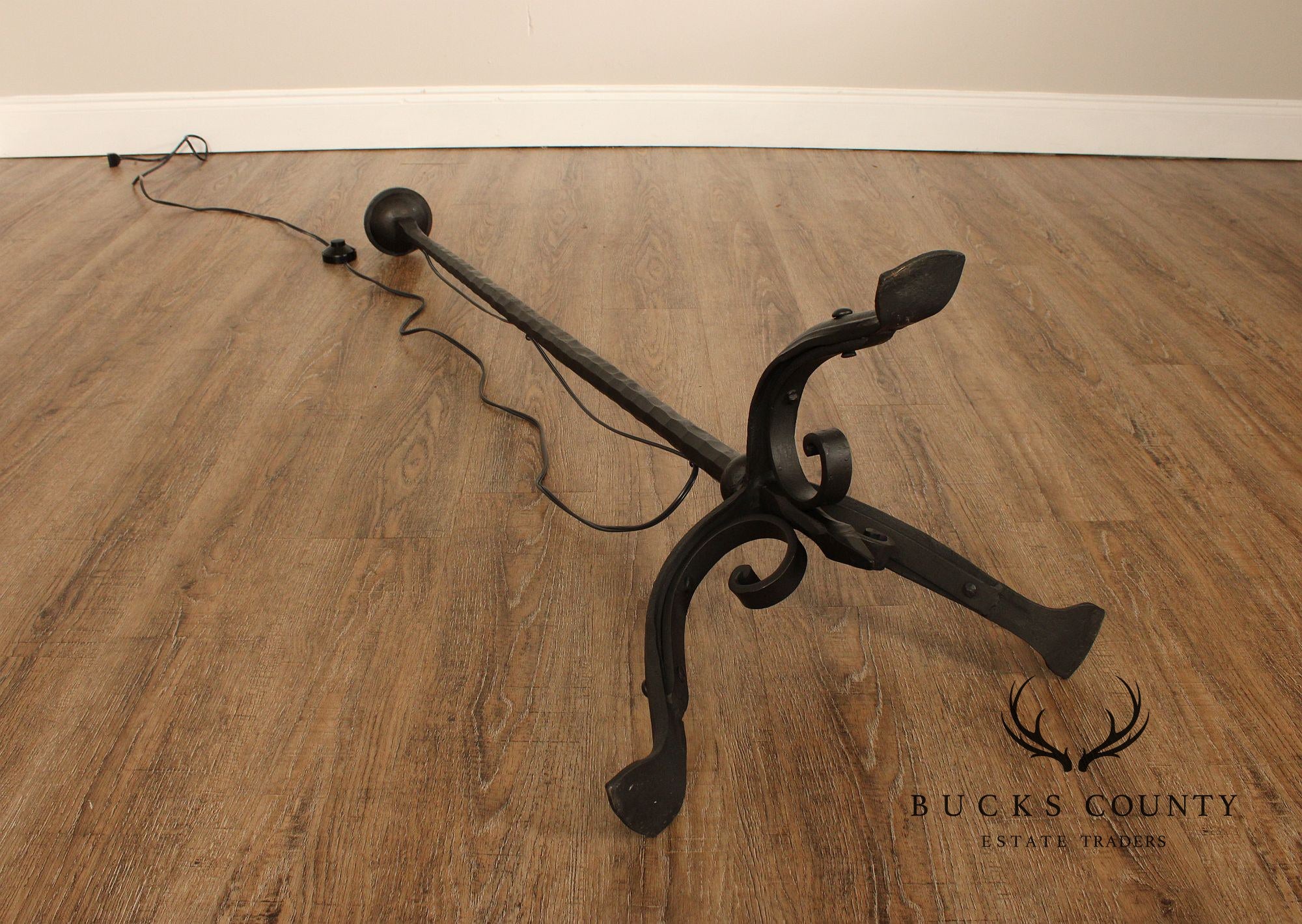 Gothic Revival Style Pair of Forged Iron Torchiere Floor Lamps