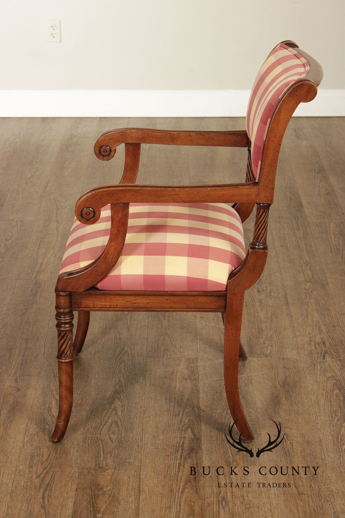 Guy Chaddock Set Of 4 Carved Wood Dining Armchairs In Scalamandré Check Fabric