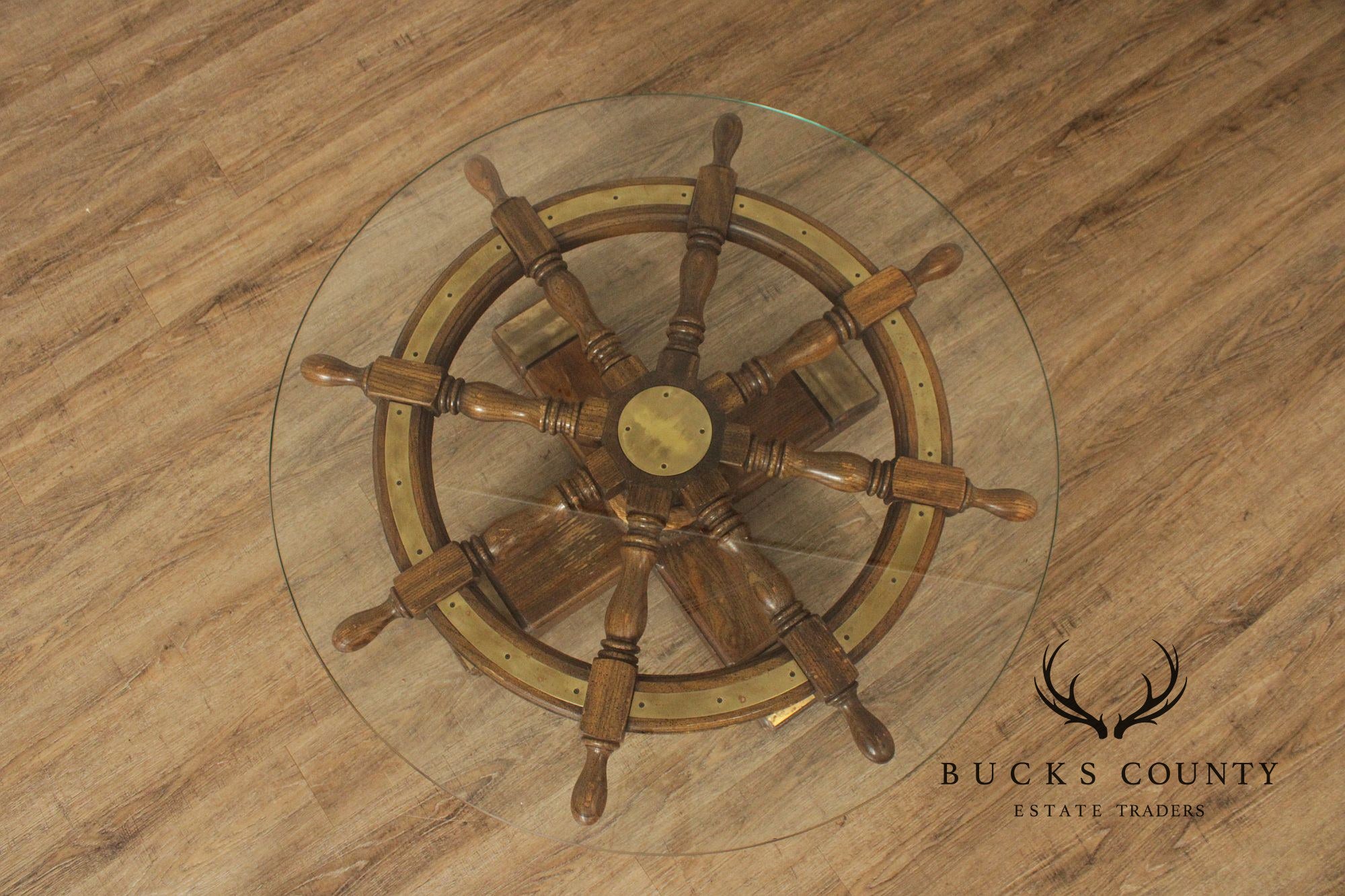 Nautical Ship's Wheel Vintage Round Glass Top Coffee Table