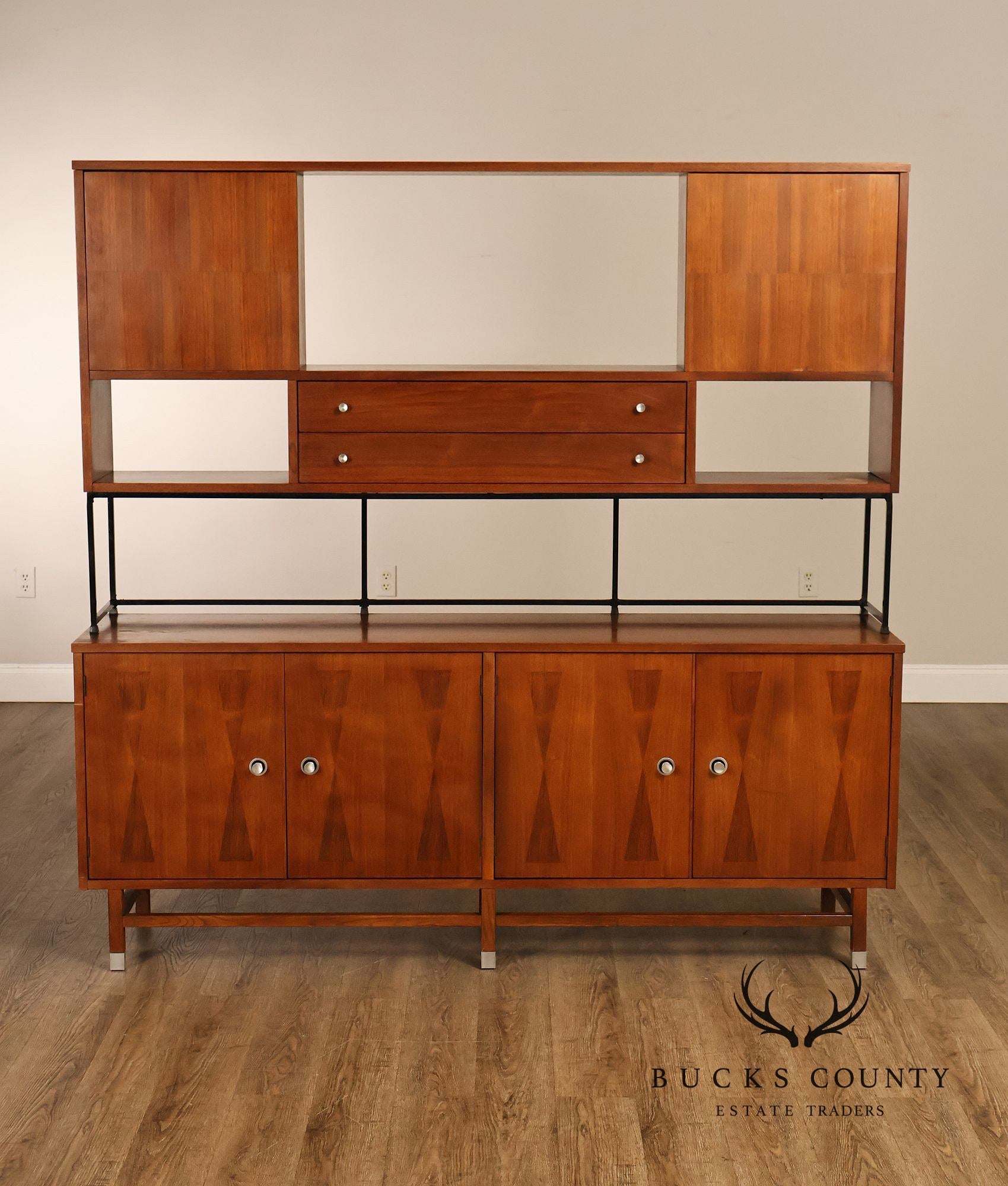 Stanley Mid Century Modern Walnut & Rosewood Inlaid Wall Unit Credenza