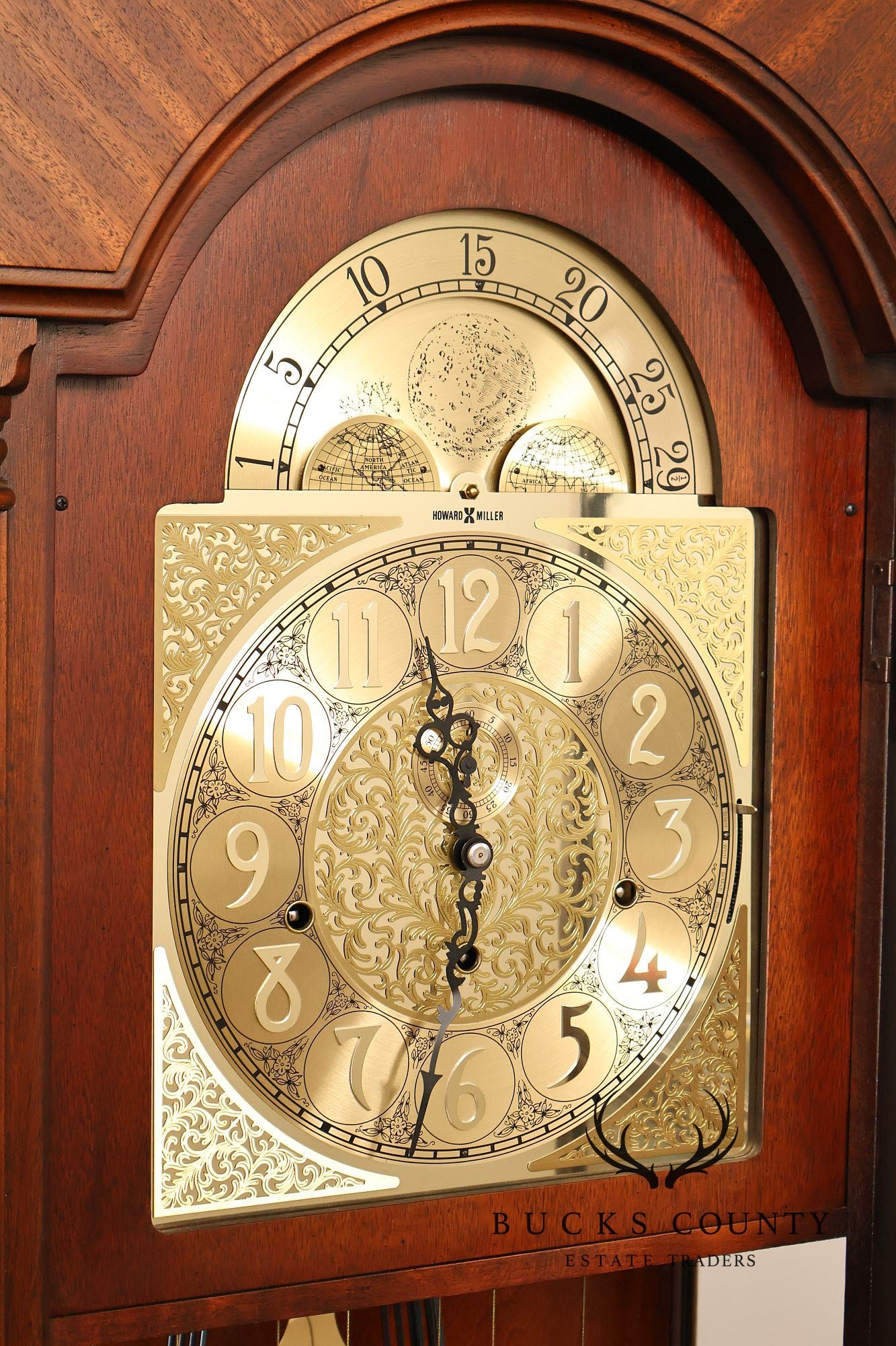 Howard Miller Mahogany Grandfather Clock With Brass Dial And Weights