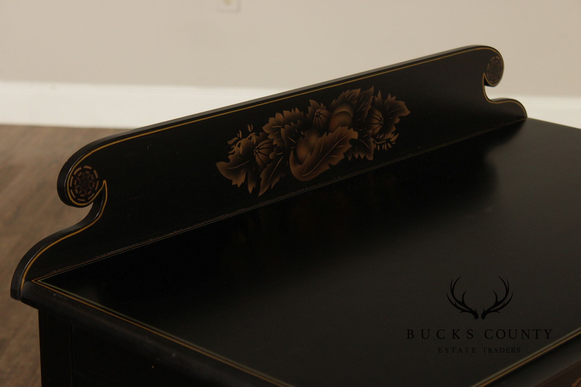 L. Hitchcock Black And Gold Stenciled Vanity Desk And Stool