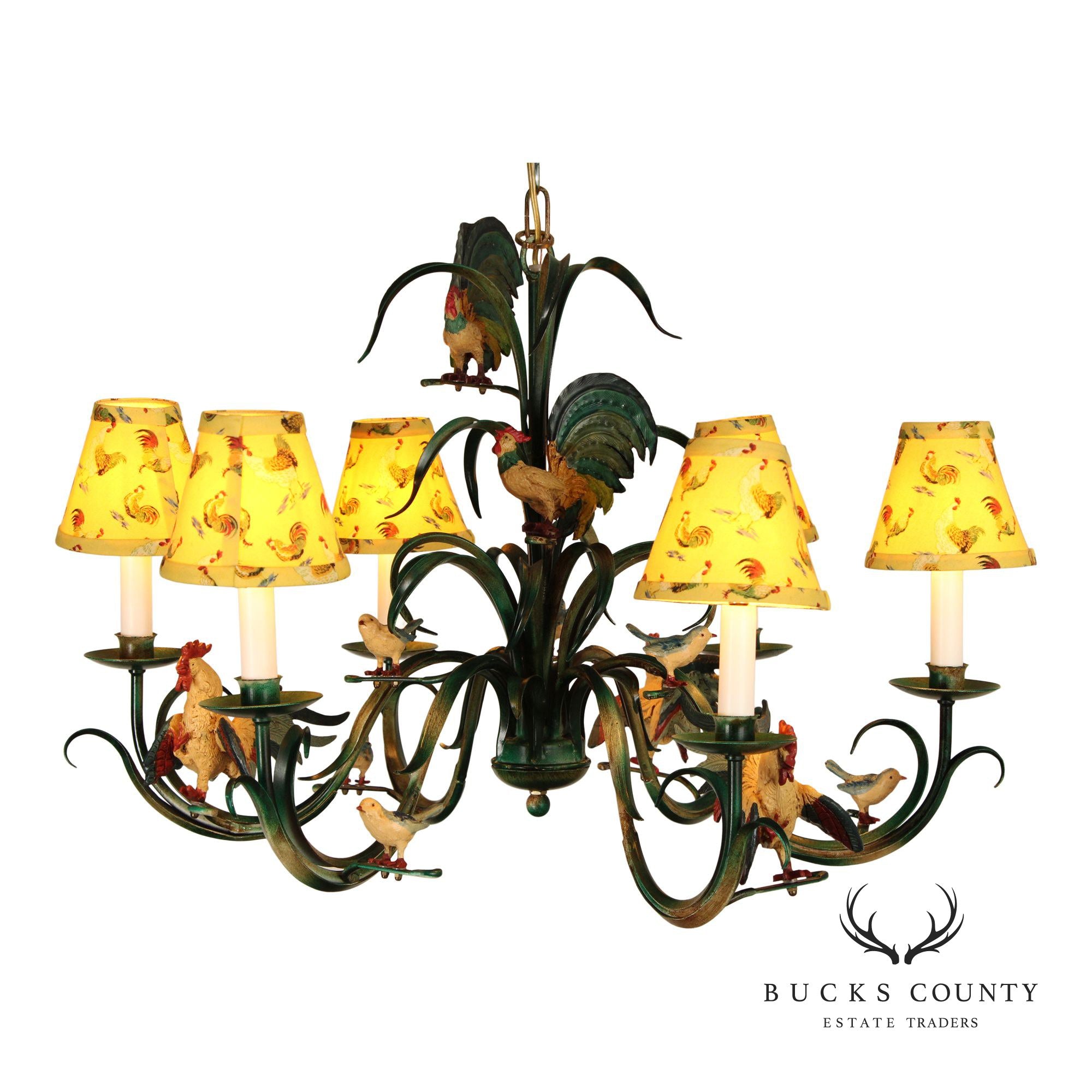 Farmhouse Style Painted Tole Rooster Chandelier