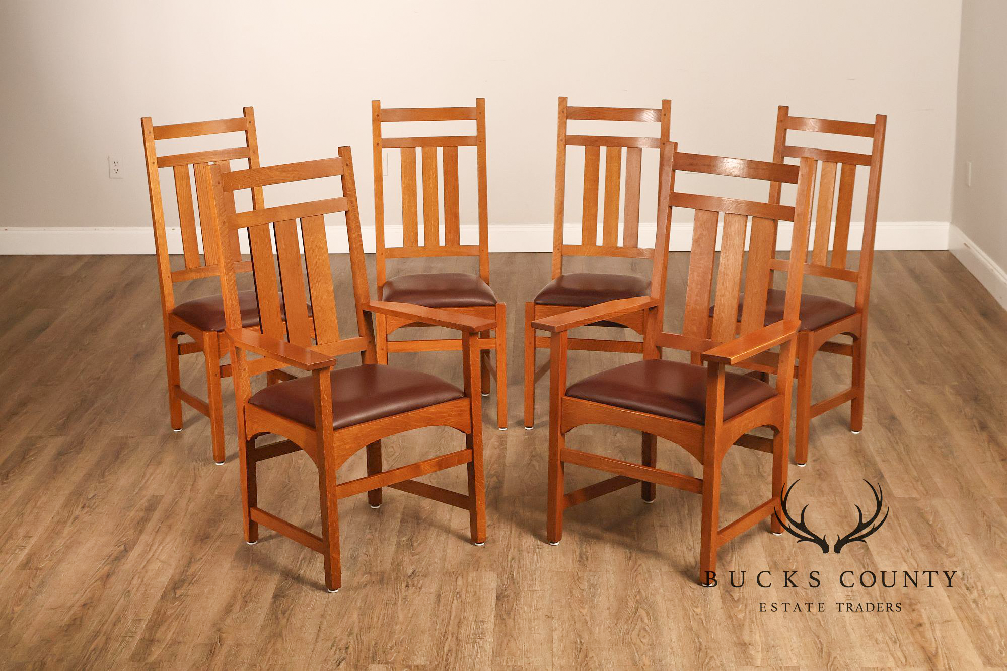 Stickley Mission Collection Set of Six Harvey Ellis Oak Dining Chairs