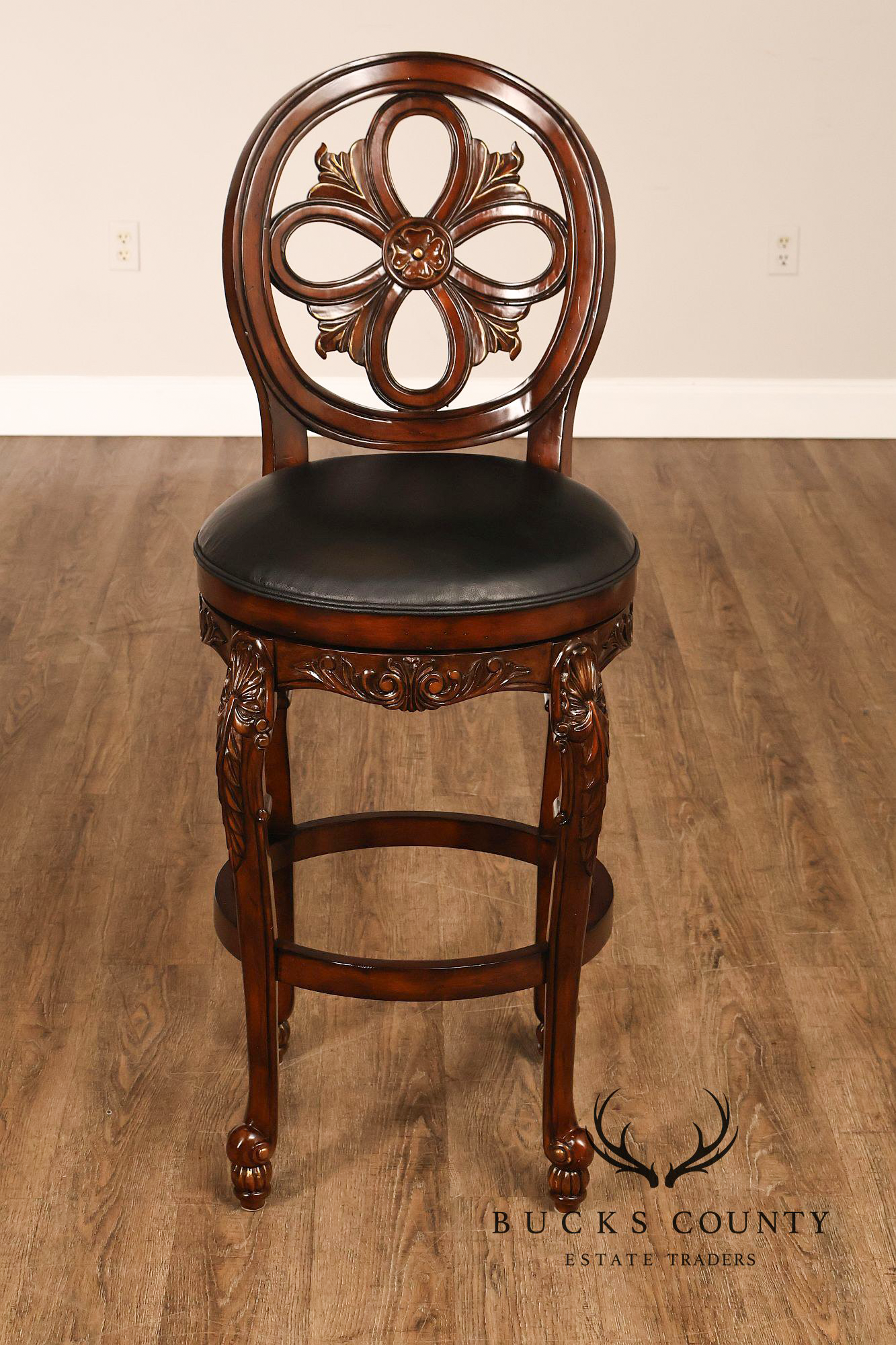 Quality Set Of Four  Carved Mahogany Swivel Bar Stools