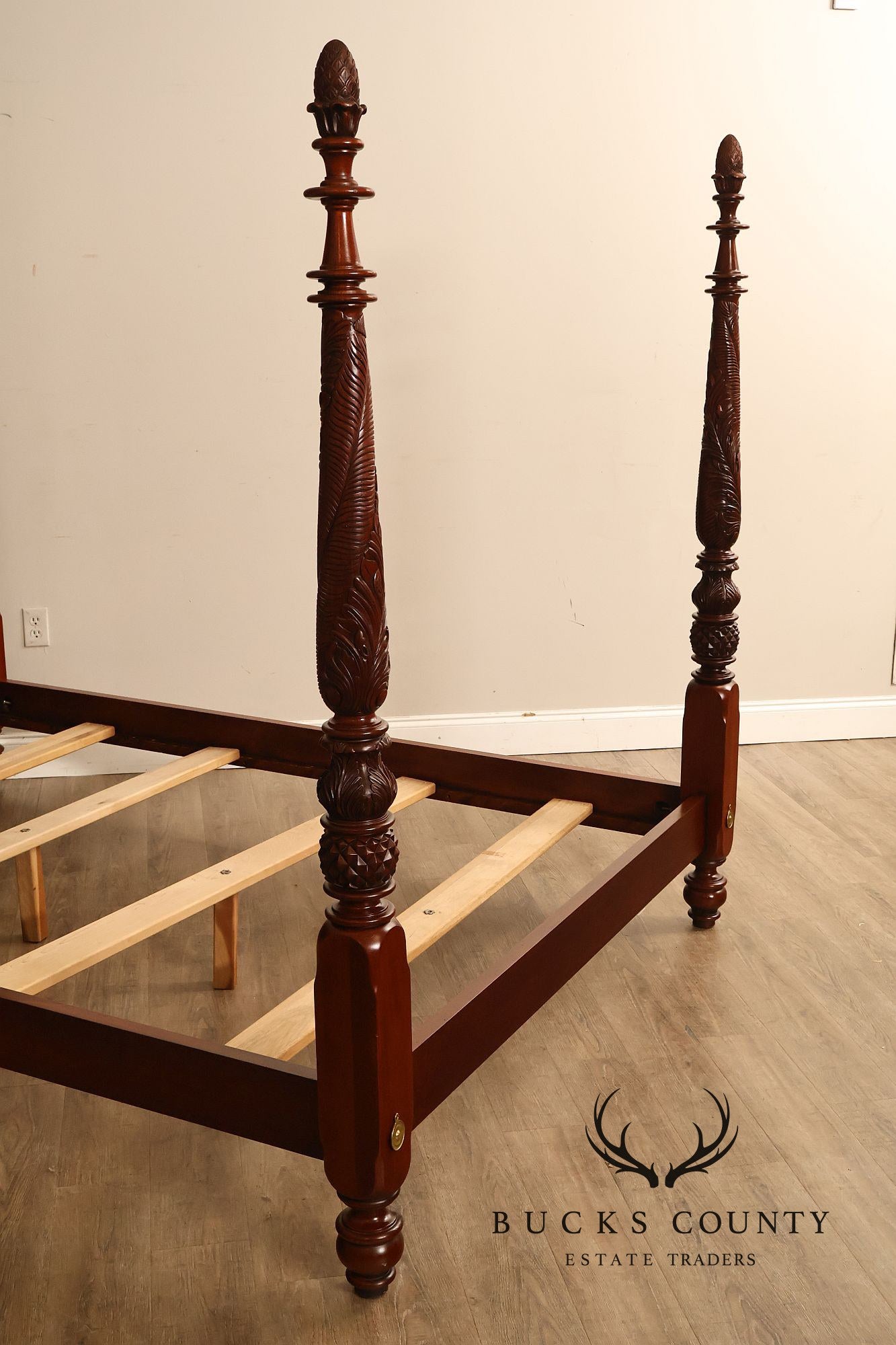 Carved Mahogany Four-Poster Queen Bed Frame