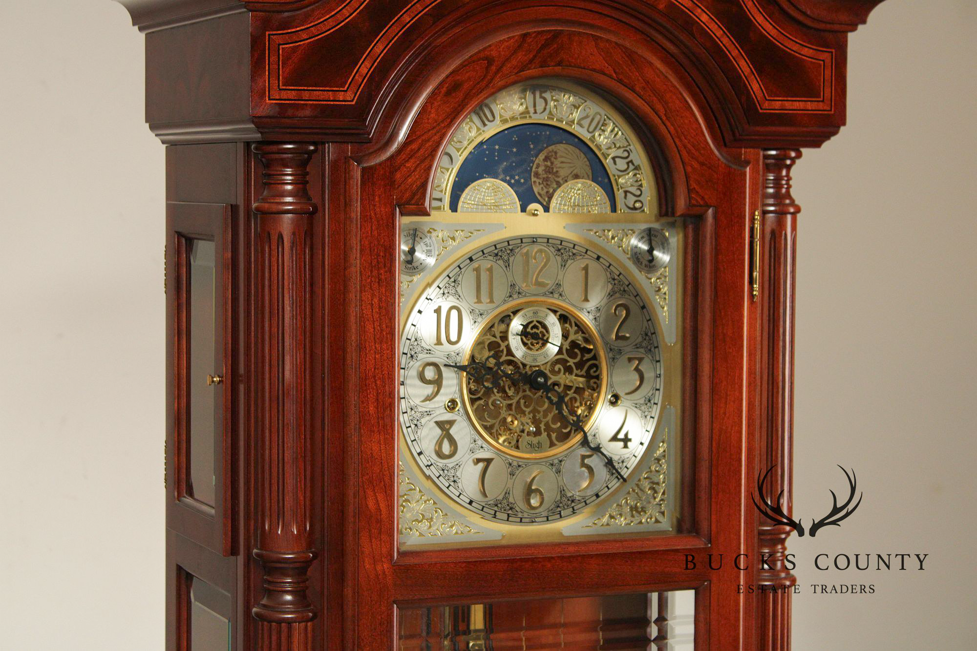 Sligh Mahogany Inlaid Grandfather Clock With Moon Phase Dial