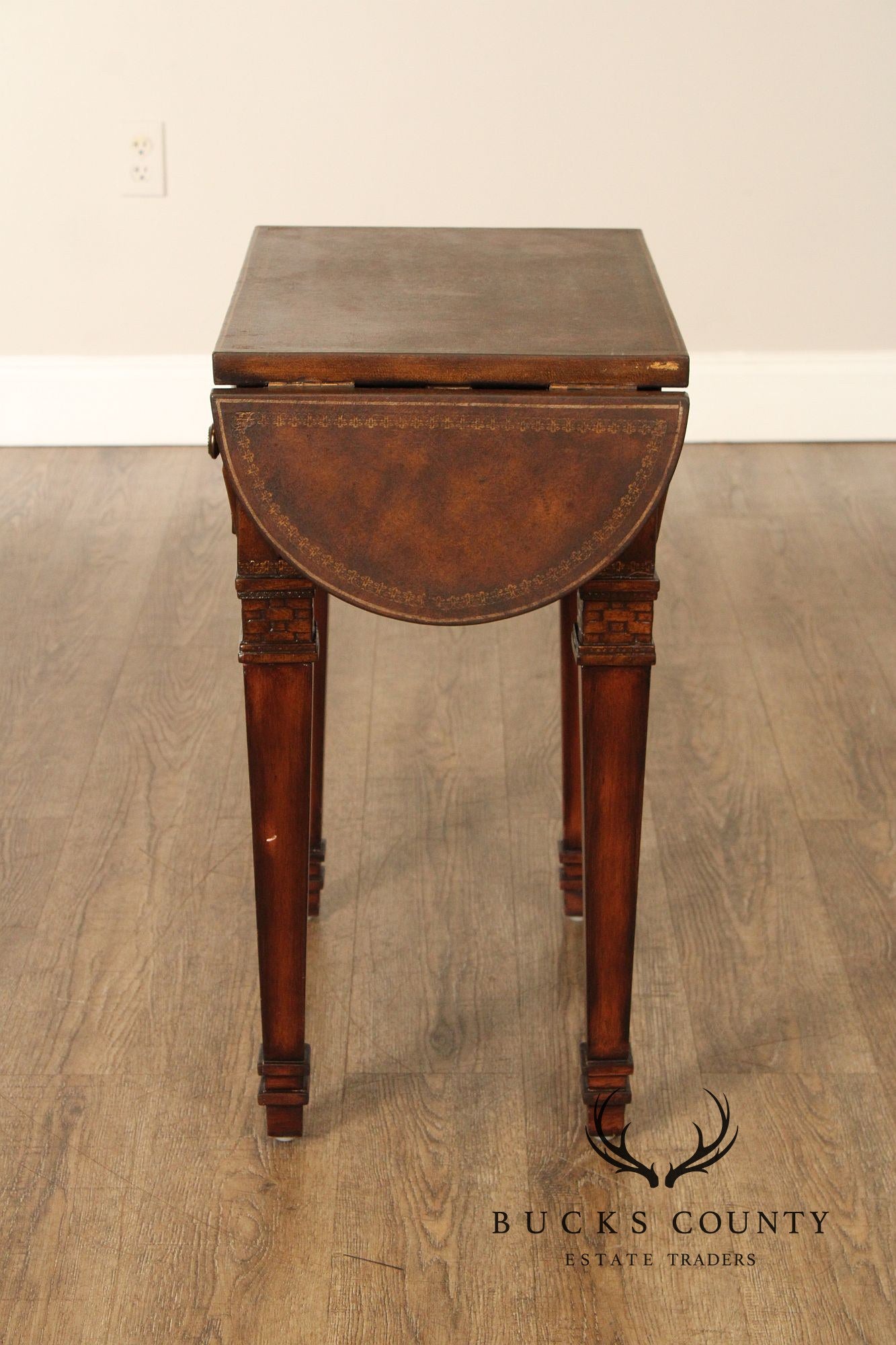 Neoclassical Style Leather Wrapped Drop-Leaf Side Table