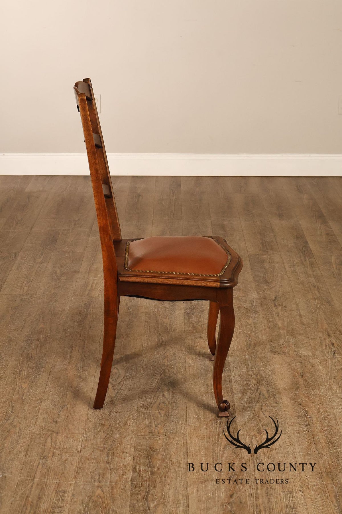 French Country Antique Set Of Eight Walnut And Leather Ladder Back Dining Chairs