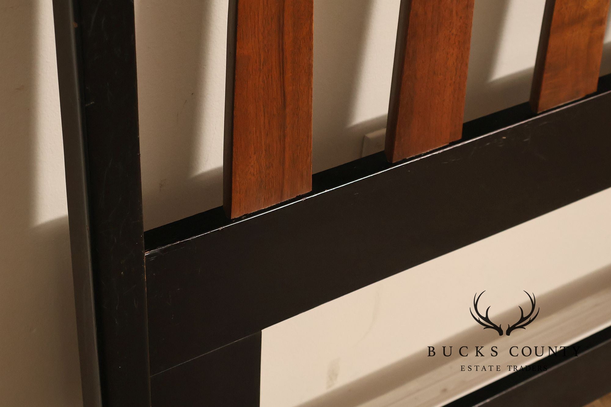 Mid Century Modern King Size Headboard with Ebony Frame and Walnut Bentwood Slats