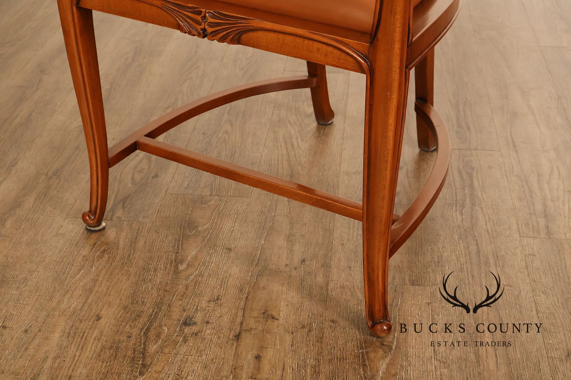 Antique Art Nouveau Carved Wood And Leather Armchair
