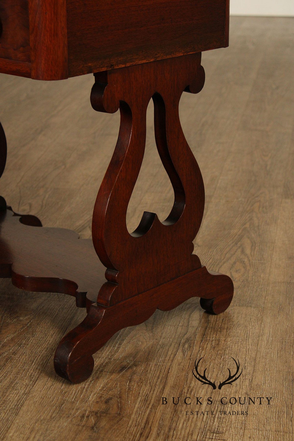 Antique American Empire Mahogany Lyre Form Two-Drawer Work Table