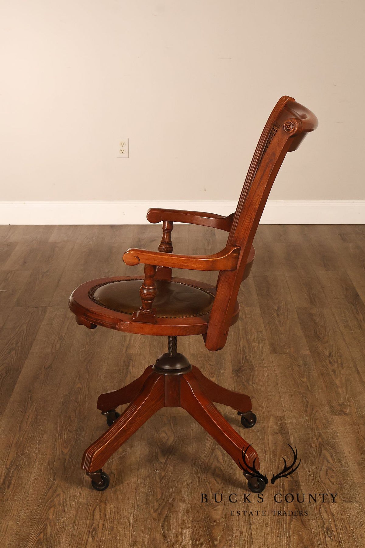 Vintage Leather and Cane Swivel Office Armchair