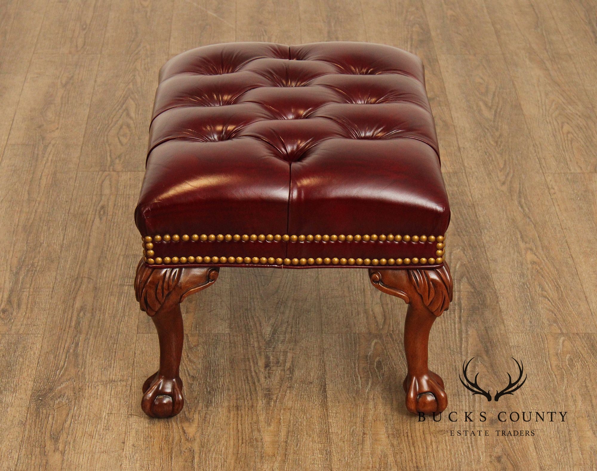 Georgian Style Tufted Oxblood Leather 'Reynolds' Wing Chair and Ottoman