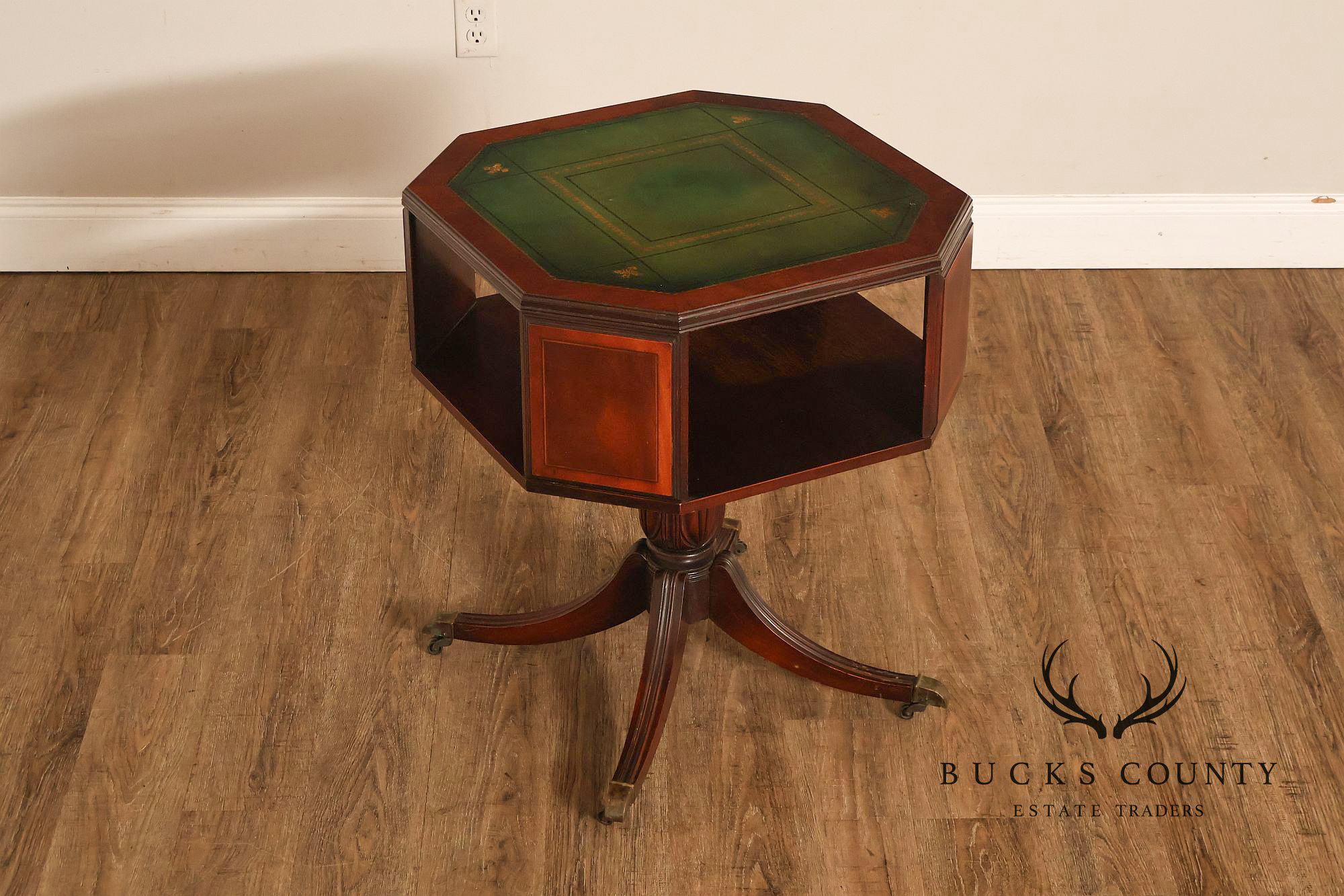 1940's Vintage Pair of Regency Style Mahogany Green Leather Top Pedestal Side Tables