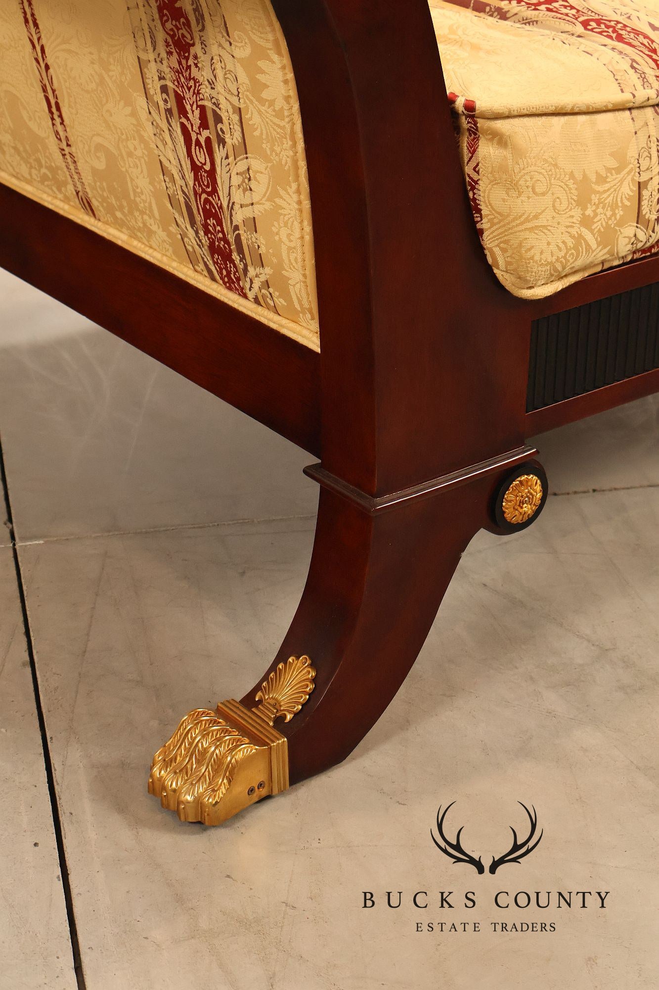 Empire Neoclassical Style Mahogany Upholstered Armchair With Gilt Bronze Accents