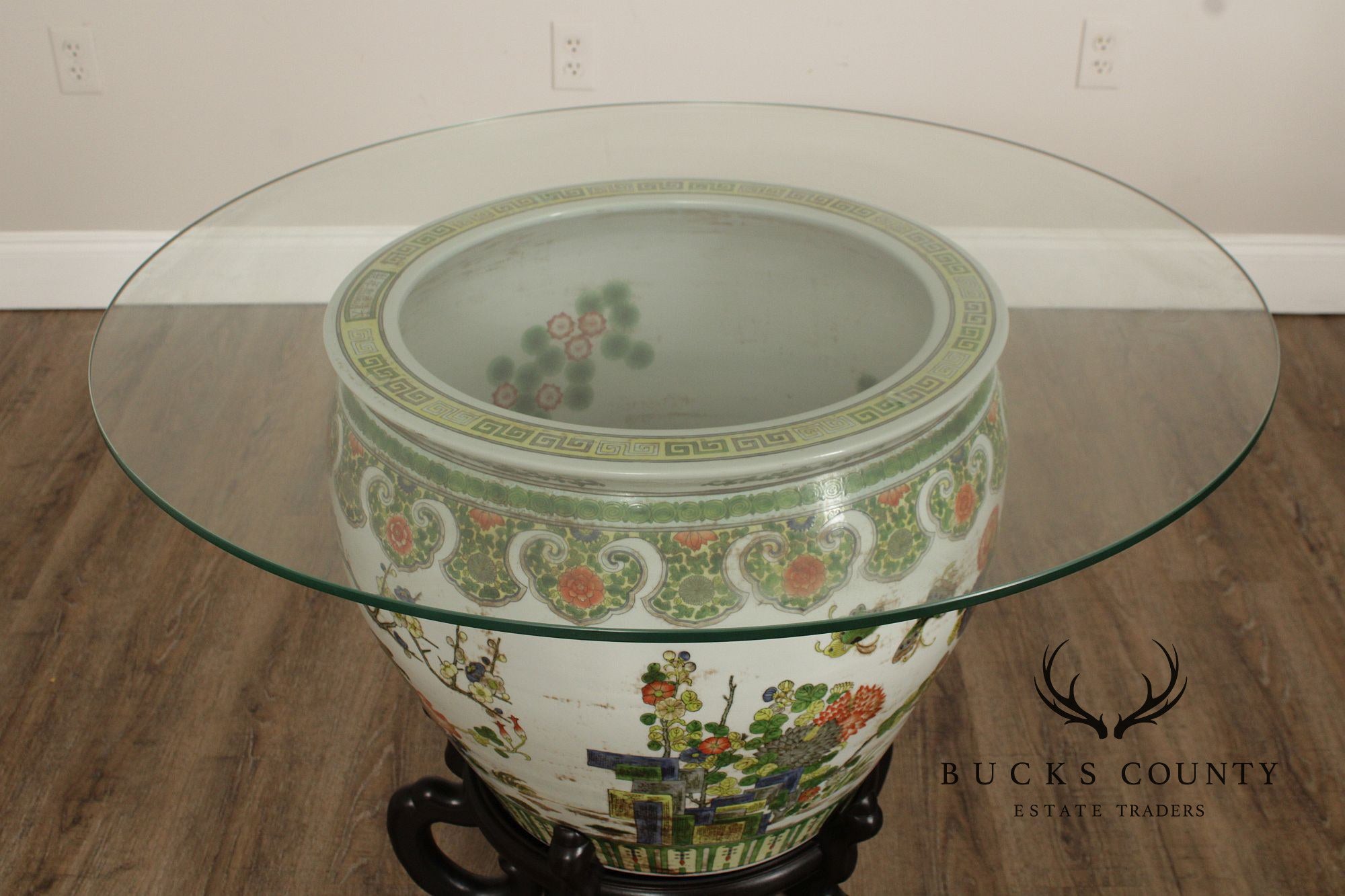 Chinese Glass Top Enameled Porcelain Fishbowl Planter on Stand