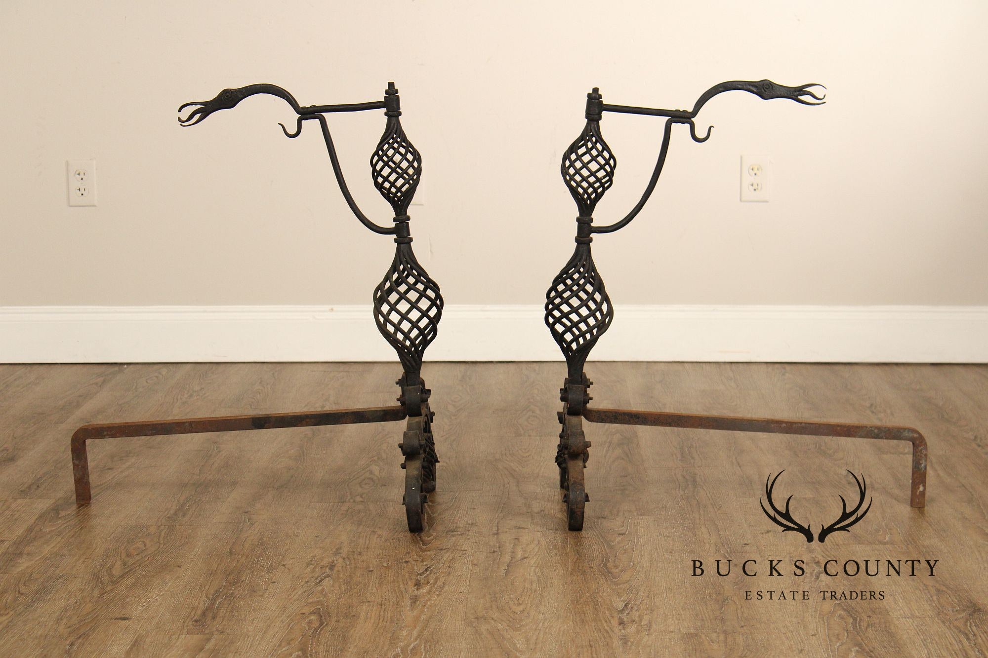 Arts & Crafts Pair of Scrolling Wrought Iron Andirons
