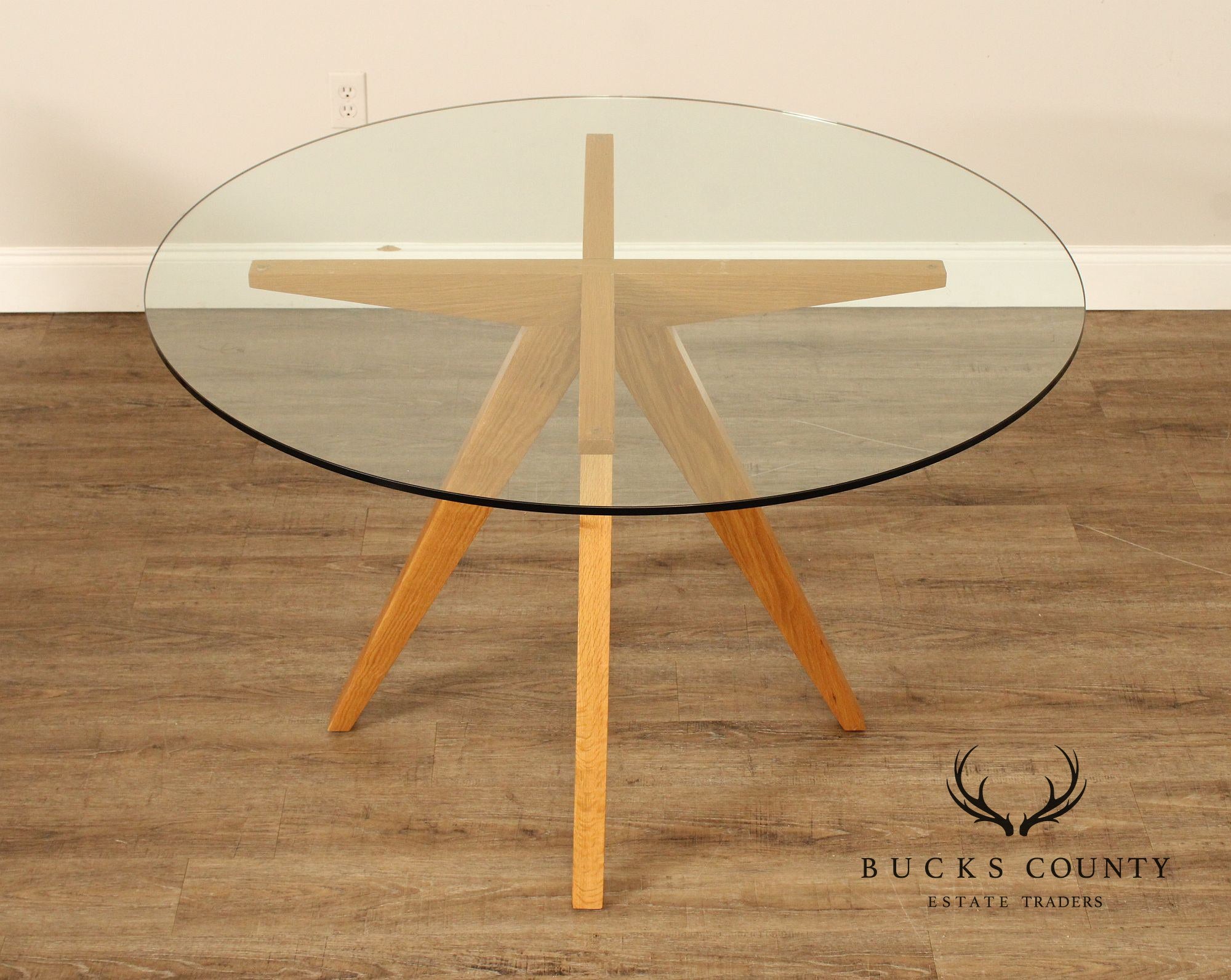 Mid Century Modern Style Glass Top Oak Dining Table