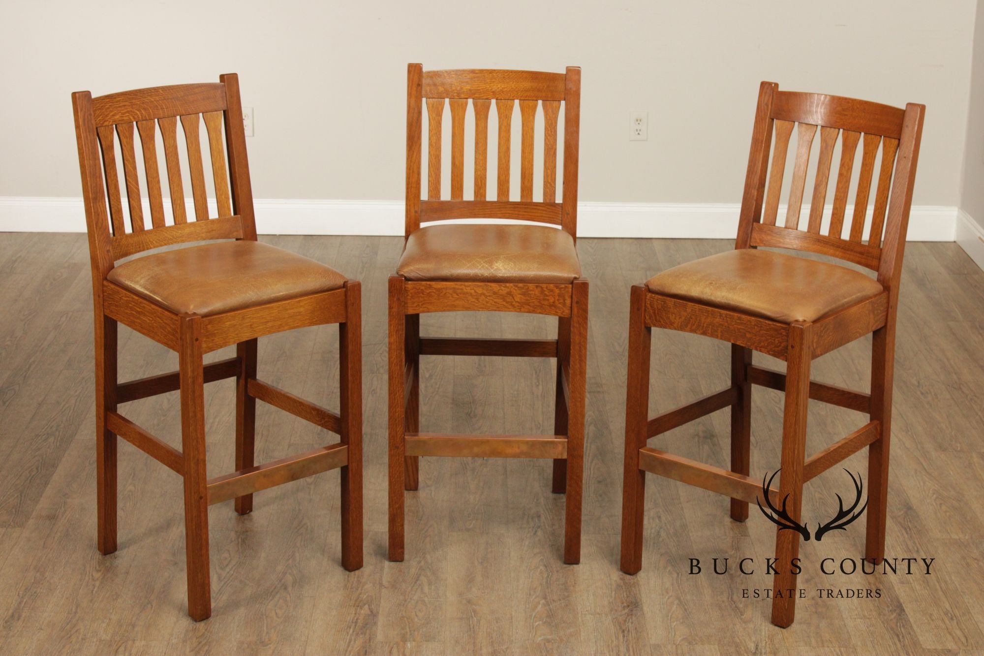 Stickley Mission Collection Set of Three Oak Slat Back Bar Stools