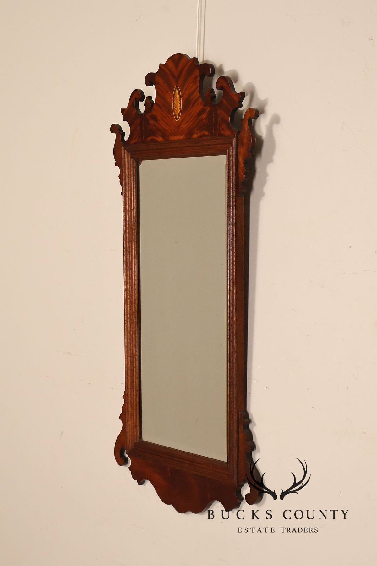 Traditional Chippendale Style Inlaid Mahogany Beveled Wall Mirror