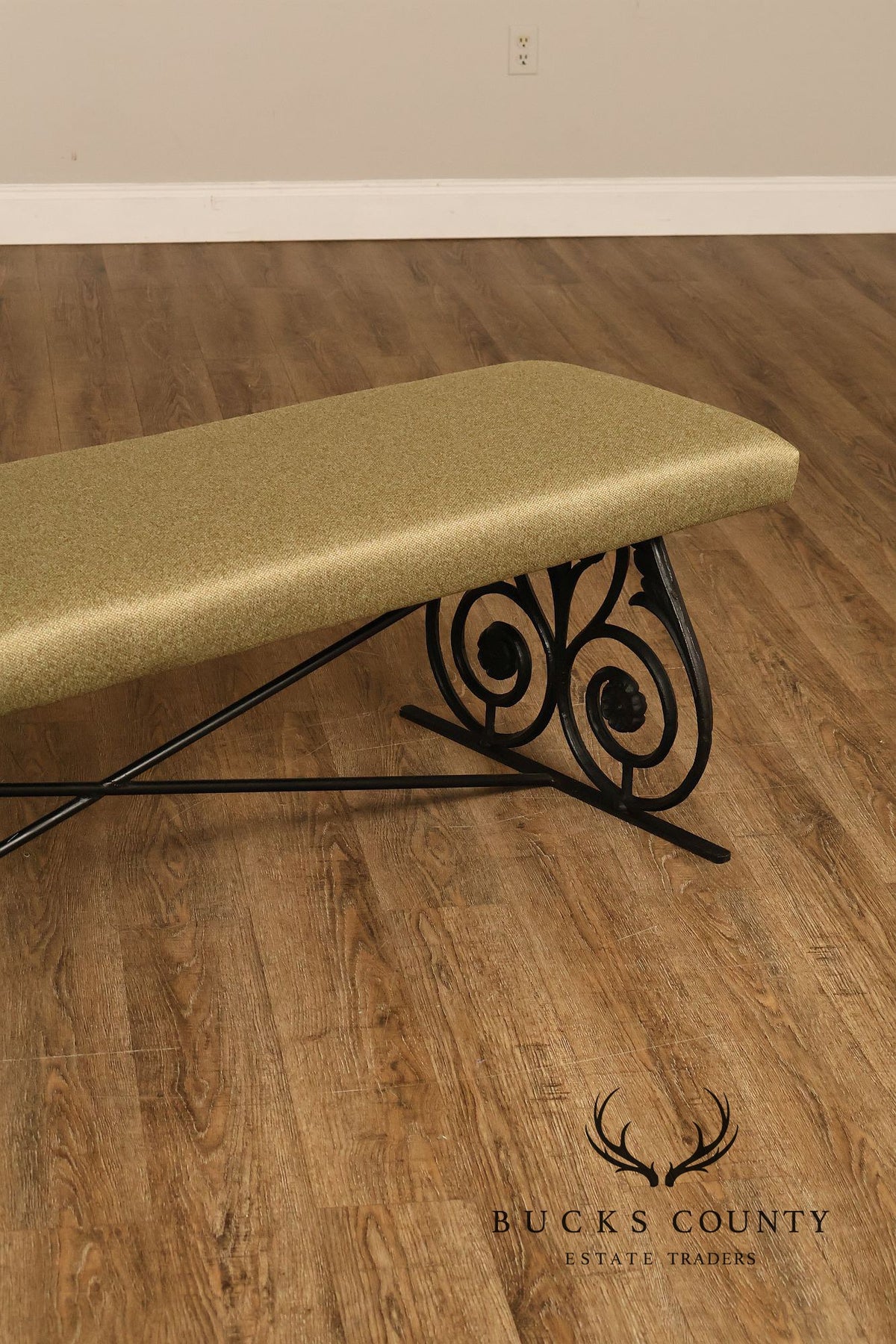 Vintage Wrought Iron Scrollwork Upholstered Bench