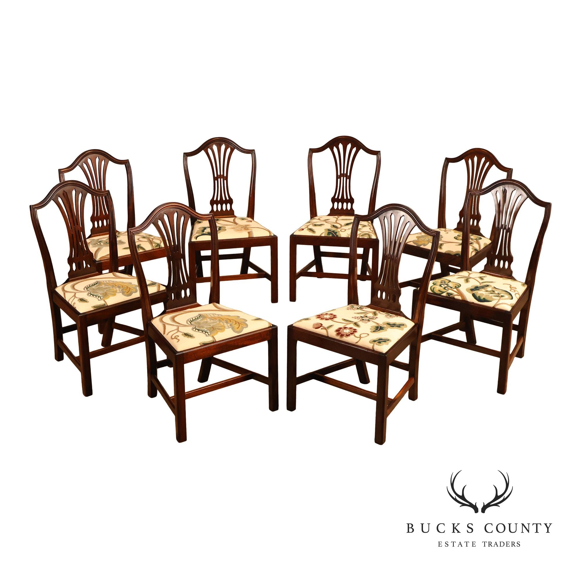 Chippendale Style Set of Eight Crewel Upholstered Mahogany Dining Chairs