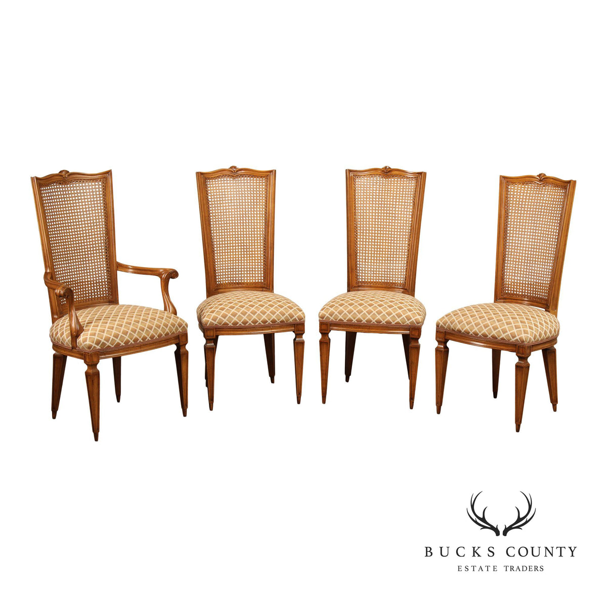 Karges Italian Provincial Vintage Set Of Four Walnut Cane Back Dining Chairs