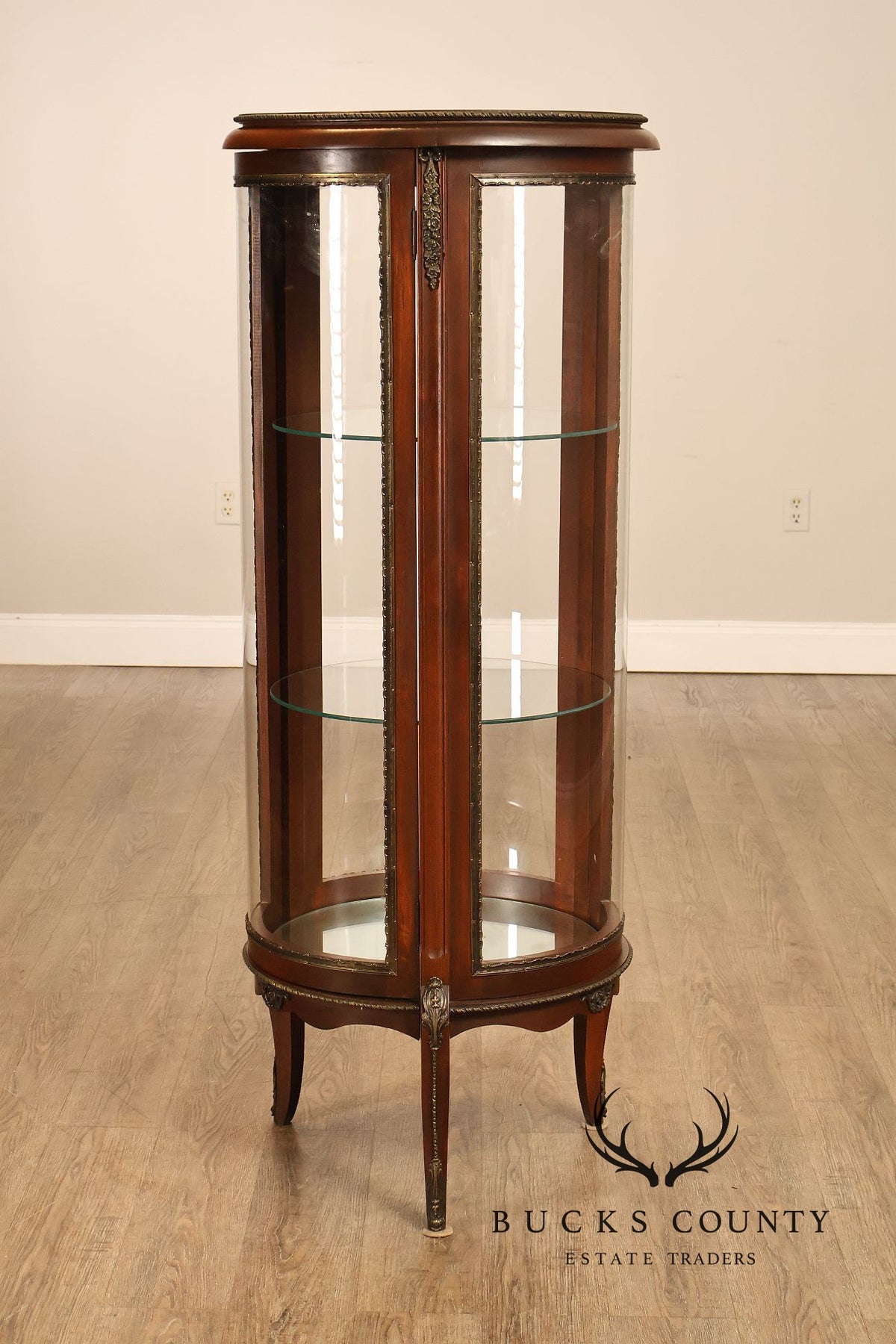 French Louis XV Style Mahogany Curved Glass Display Curio Cabinet