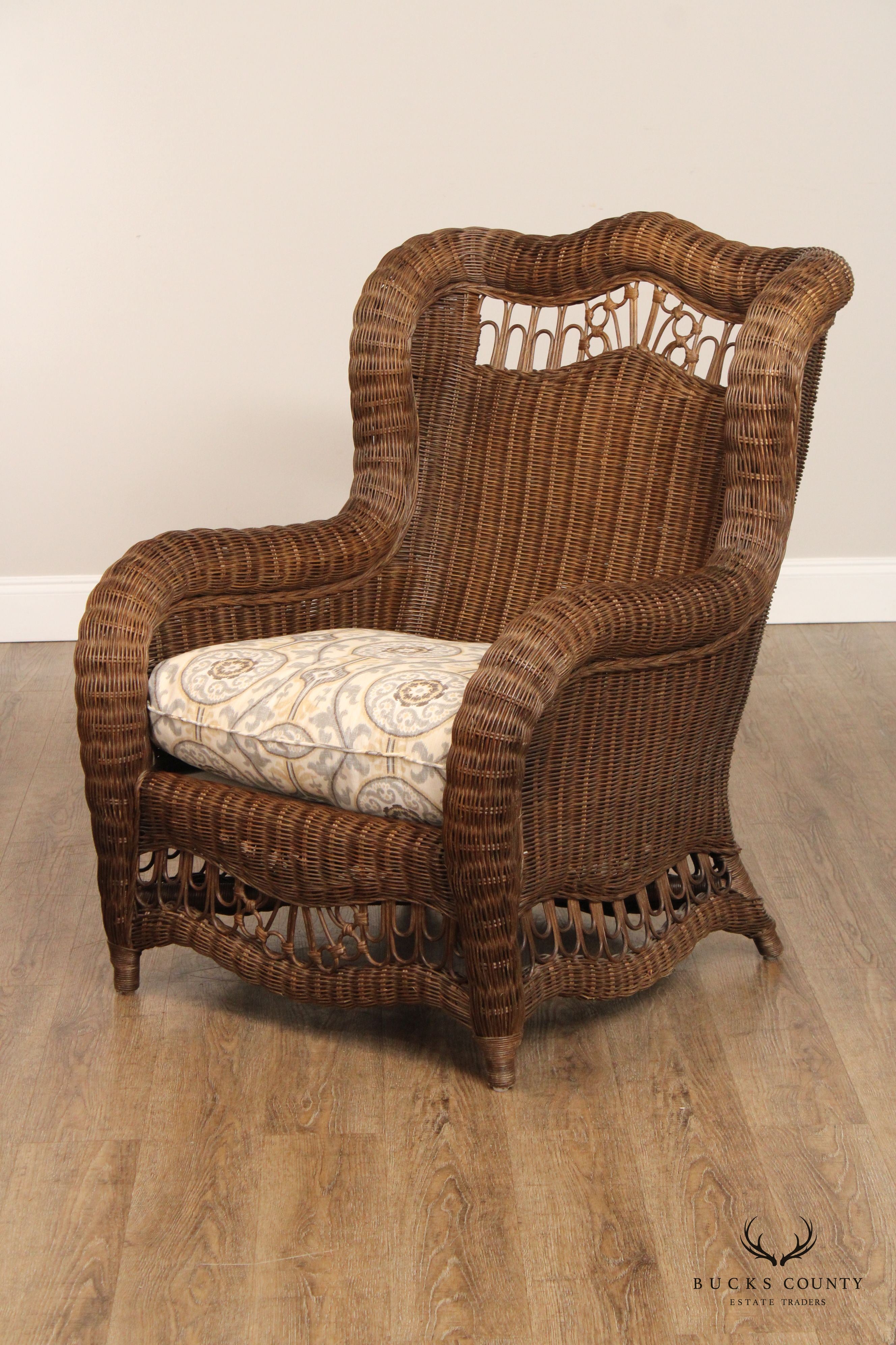 Ethan Allen Victorian Style Wicker Wing Chair and Ottoman