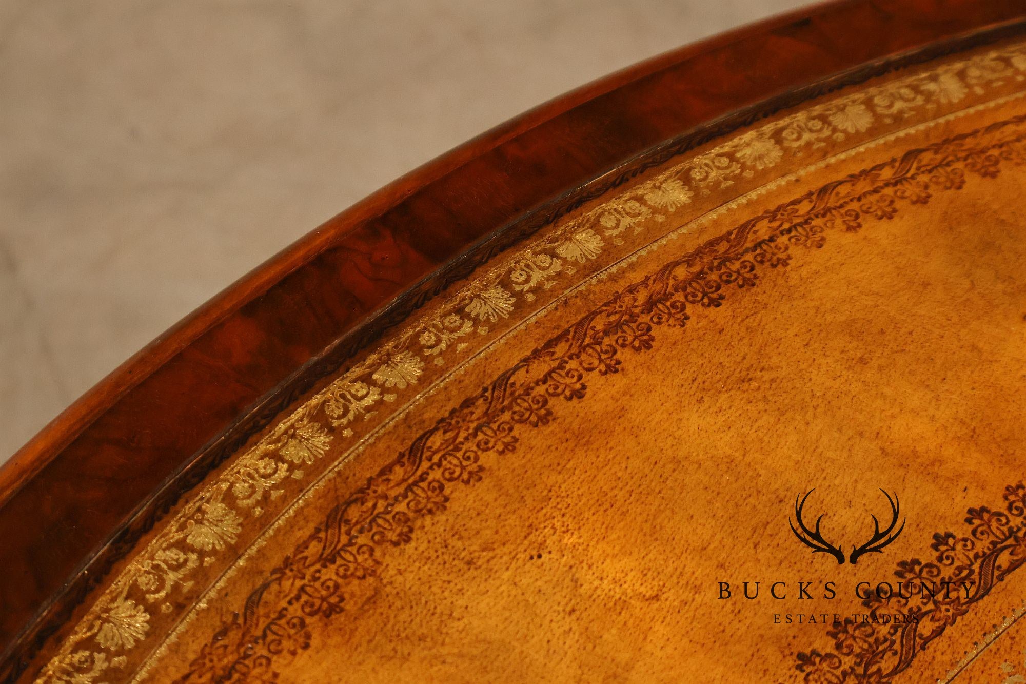 Maitland-Smith Oval Burl Wood Leather Top Partner Desk with Brass Hardware