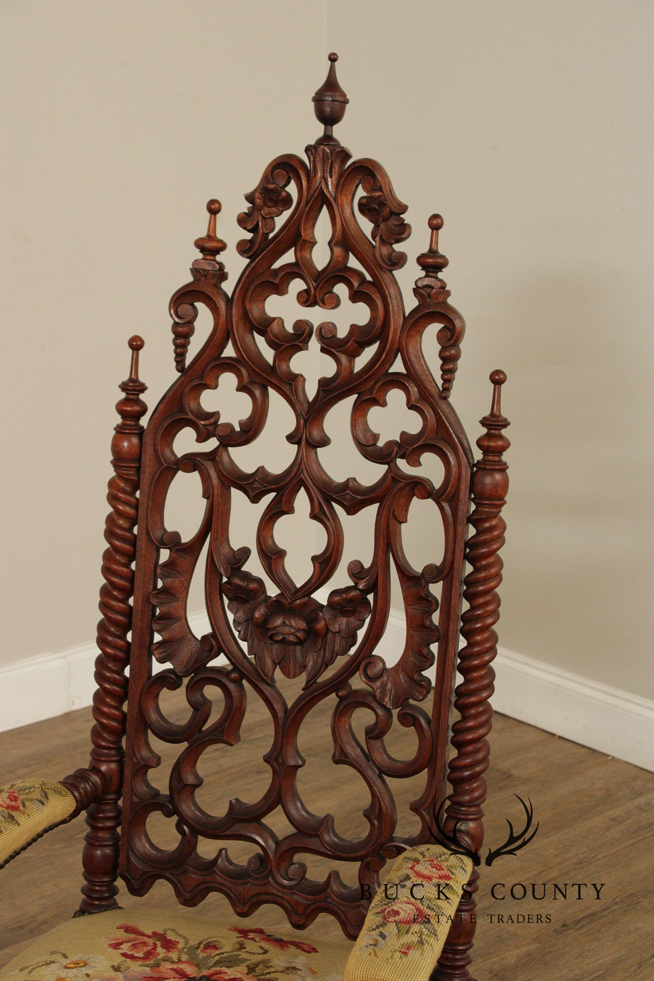 Antique American Gothic Revival Carved Walnut Throne Chair