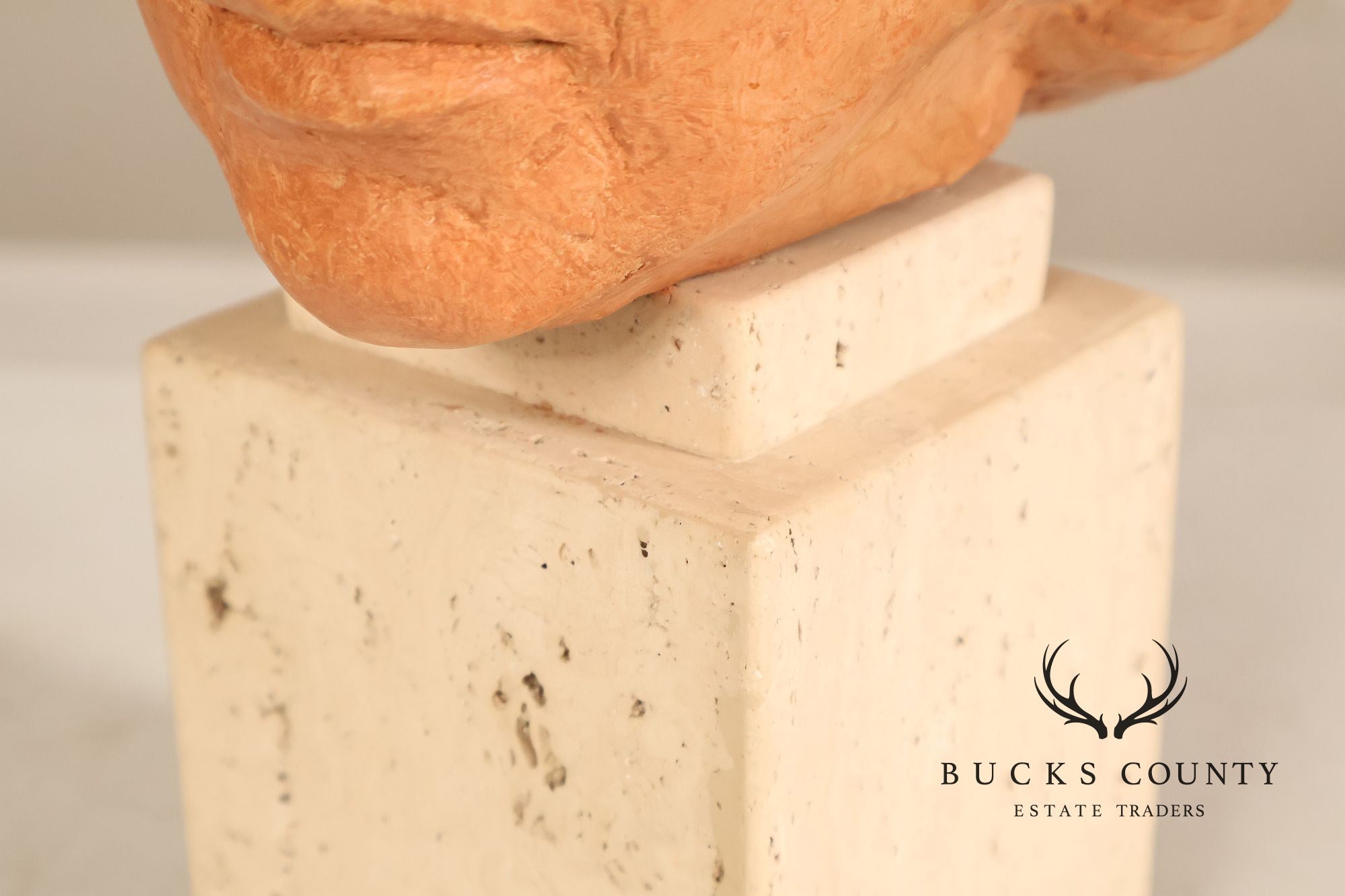 Contemporary Terracotta Female Portrait Bust Sculpture On Travertine Pedestal Base