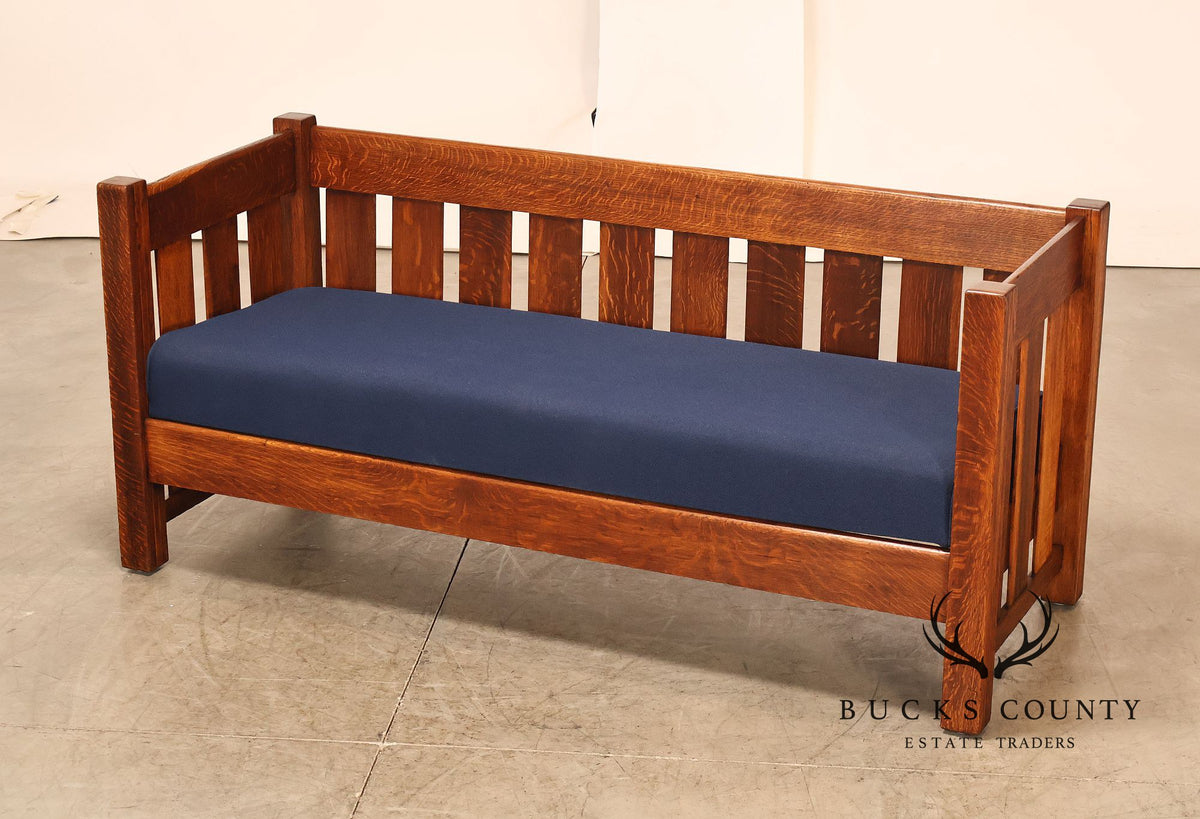 Phoenix Mission Style Quarter Sawn Oak Plank Sofa With Blue Cushions