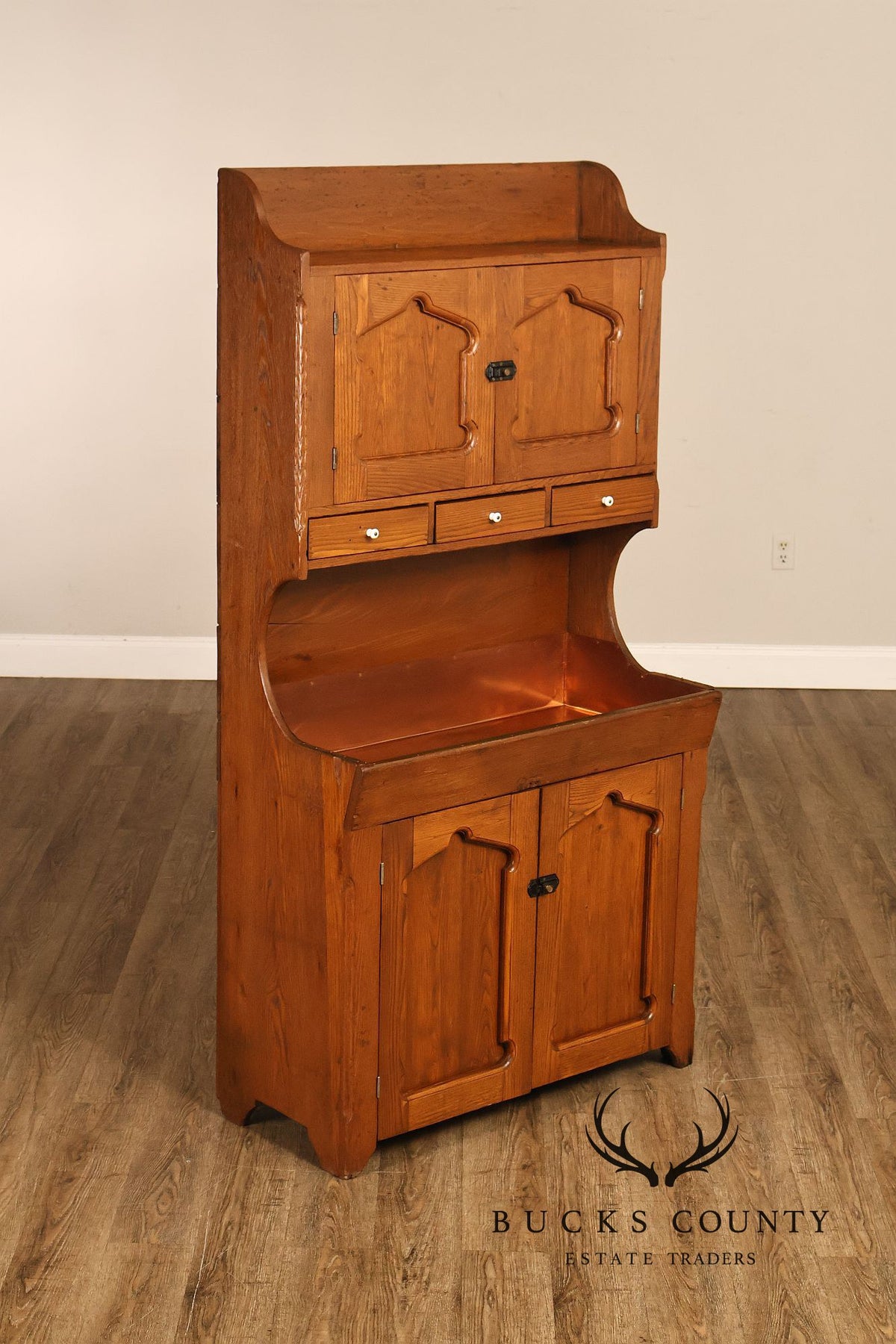 Antique Pine Dry Sink Hutch With Copper Lined Basin