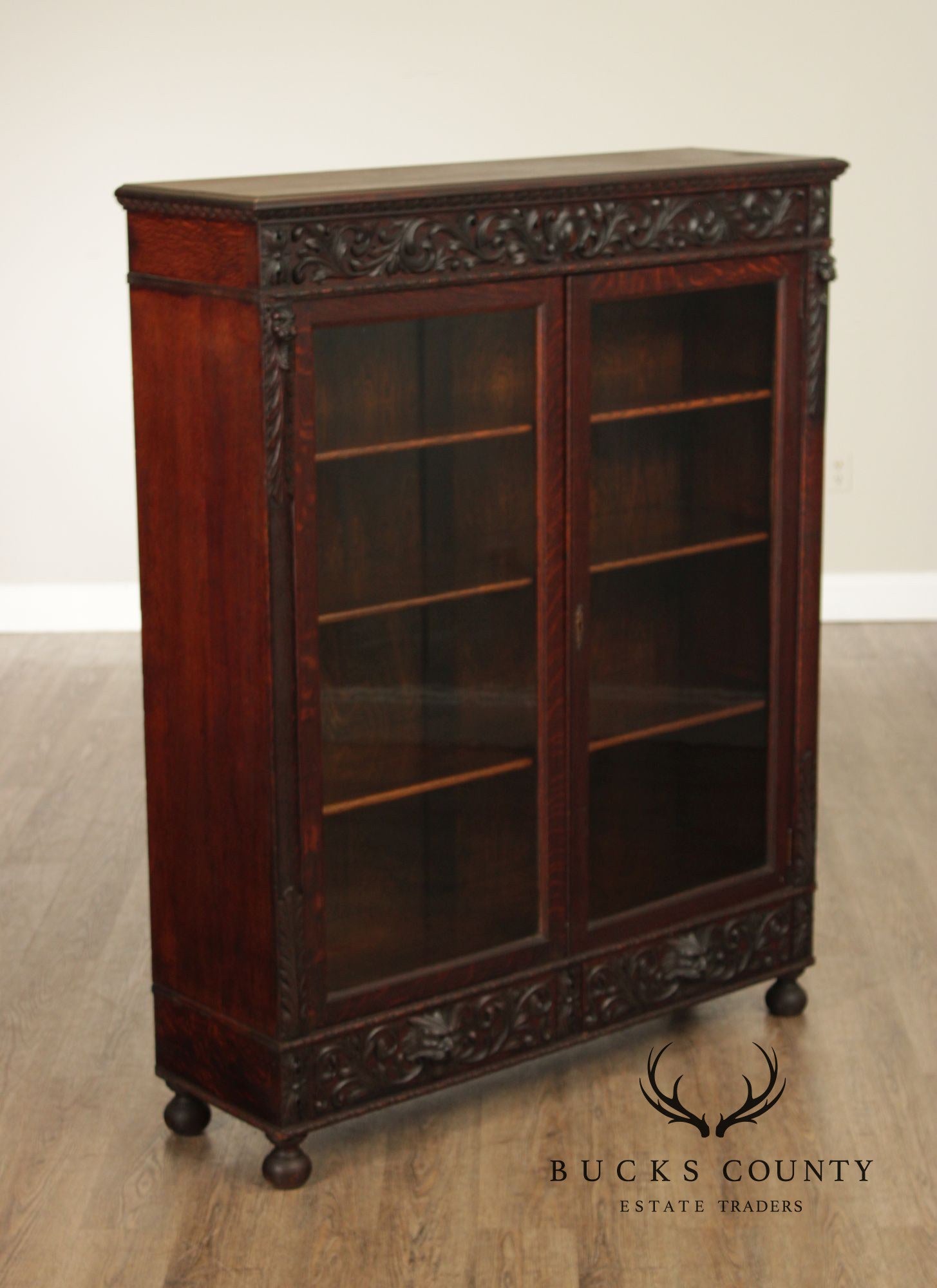 Antique Renaissance Revival Carved Oak Glass Door Bookcase