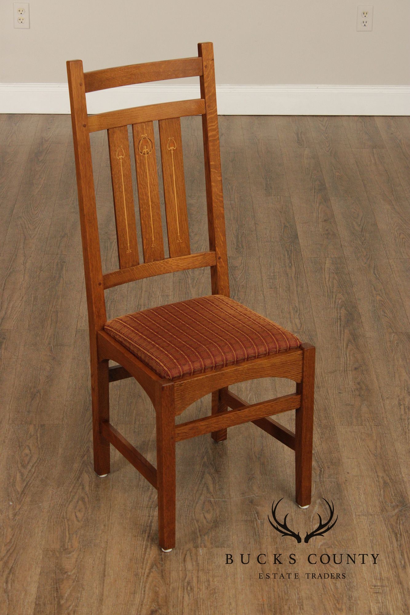 Stickley Mission Collection Set Of Four Harvey Ellis Oak Inlaid Dining Chairs