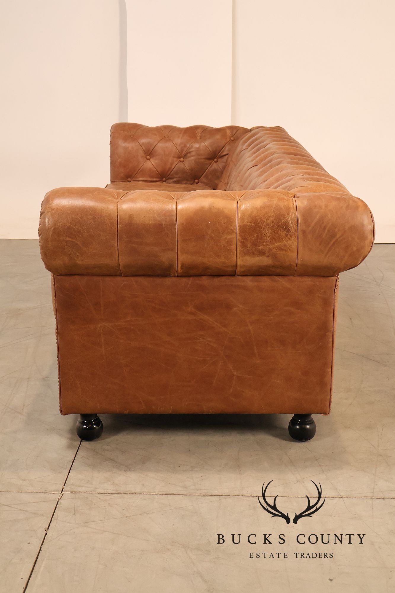 Chesterfield Style 8 Foot Distressed Brown Tufted Leather Sofa