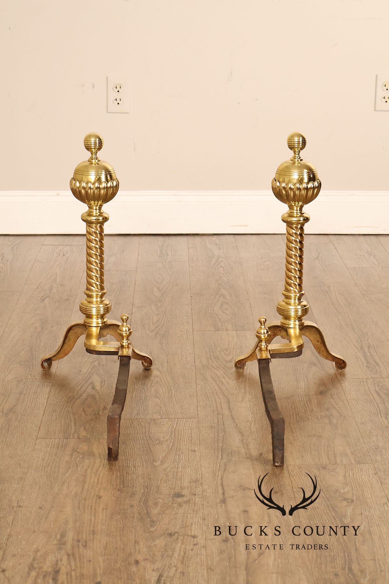 Georgian Style Pair of Polished Brass Fireplace Andirons
