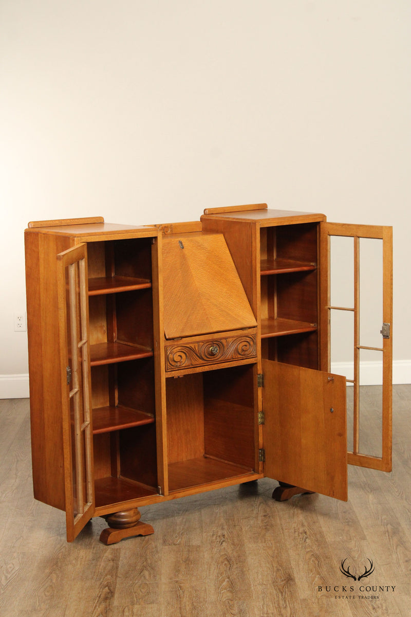 English Art Deco Carved Oak Secretary Bookcase